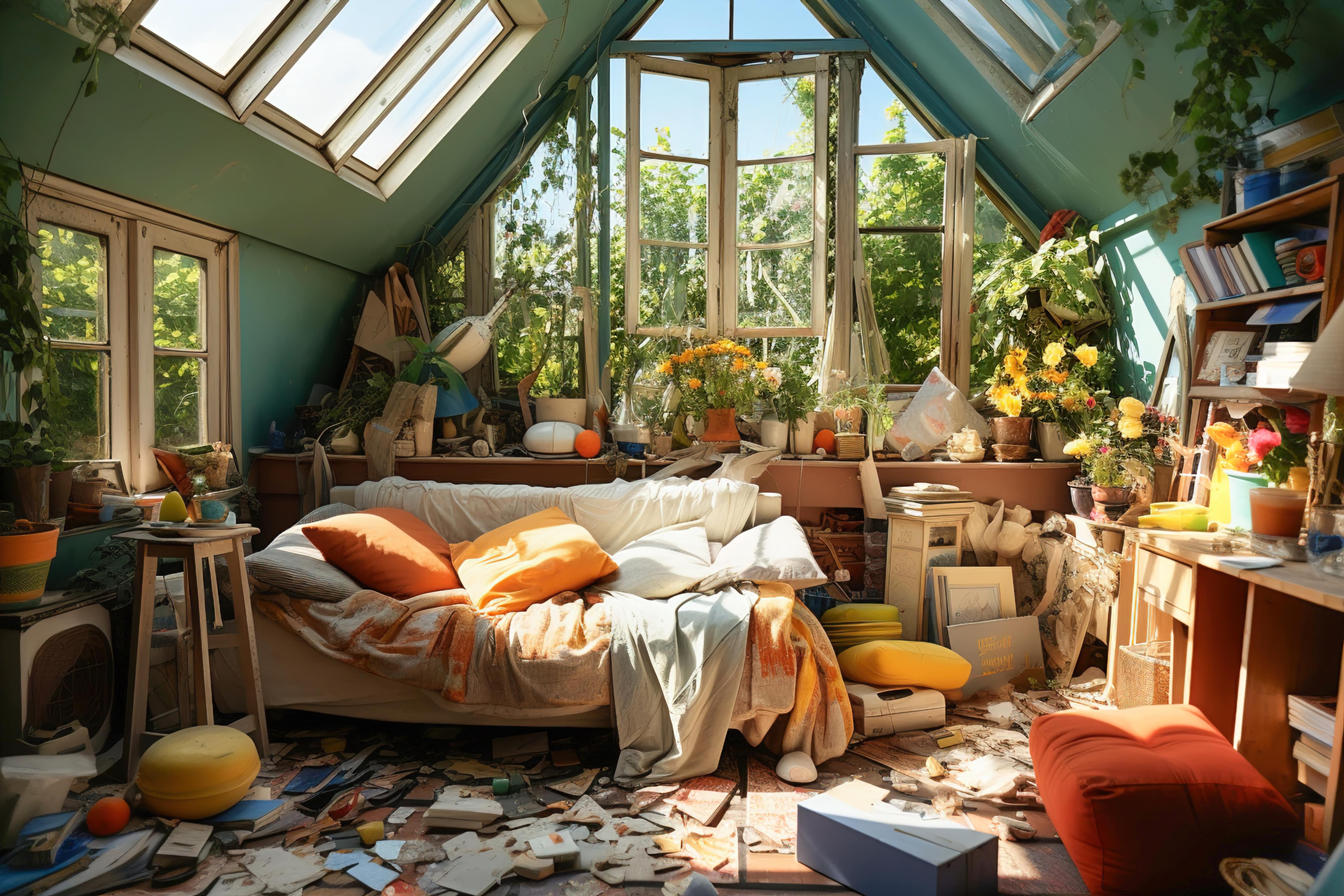 An AI generated image of a chaotic bedroom in need of decluttering and organising. There are papers and books all over the floor, piles of things everywhere and an air of  disorganisation.