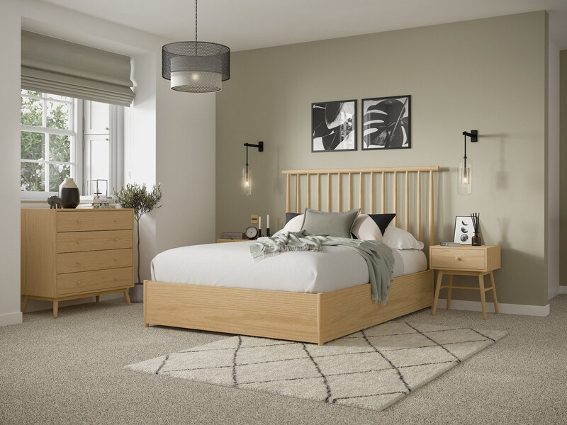 Minimalist Ezra wooden ottoman storage bed in a minimalist bedroom