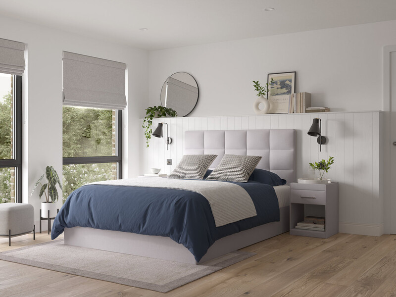 Minimalist bedroom design featuring the Sylvia bedframe with a pop of colour.