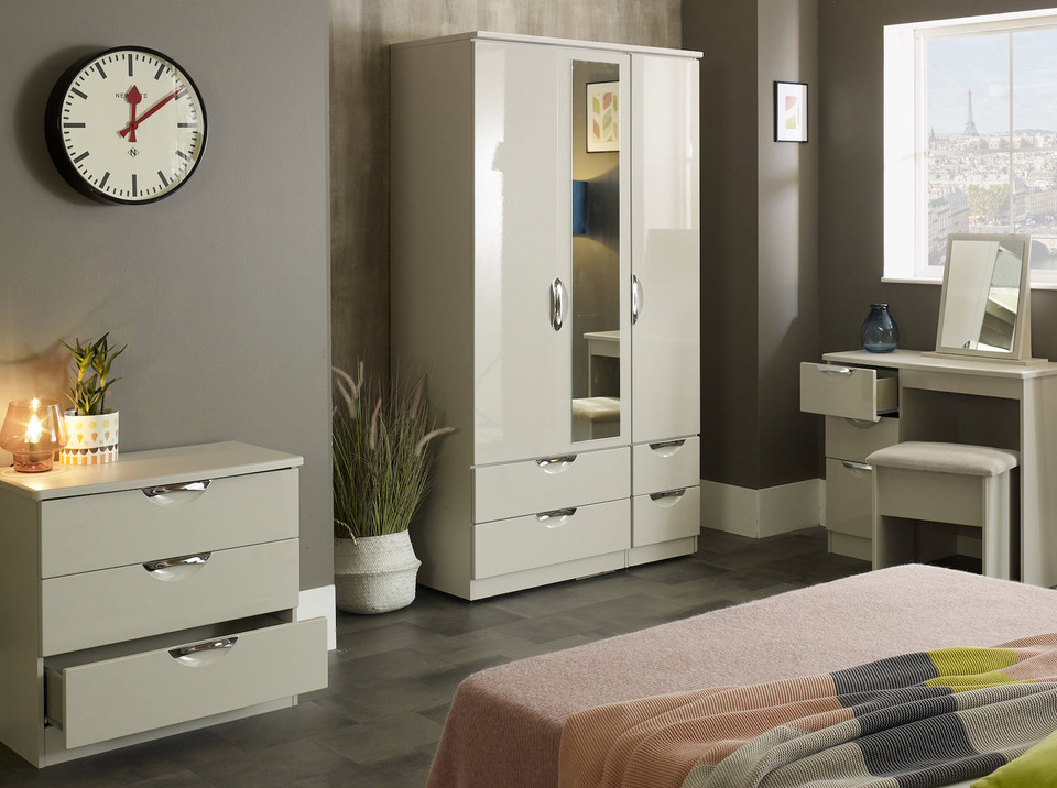 Merton cream bedroom chest of drawers, dressing table and 3-door wardrobe in a lifestyle image