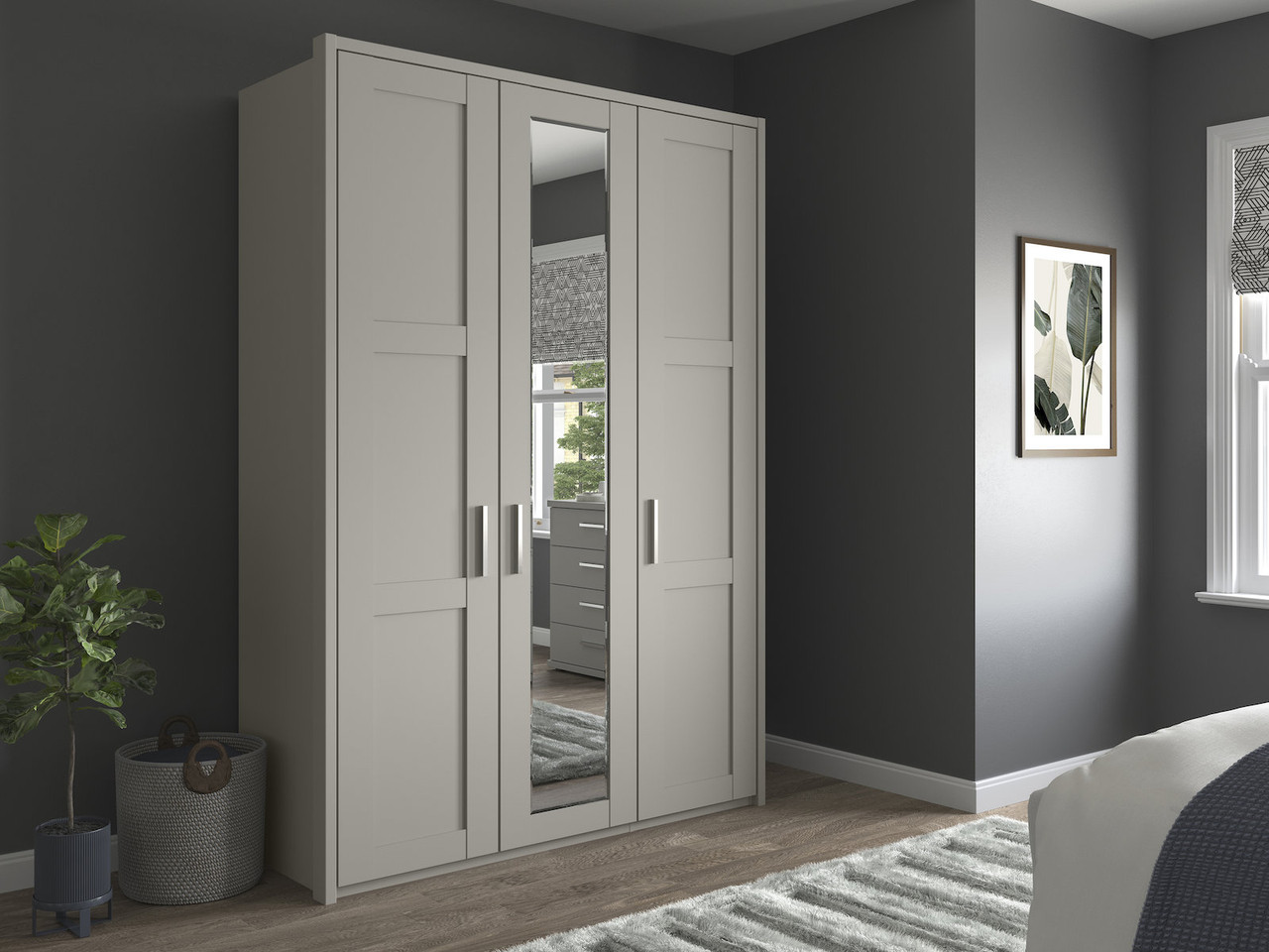 Alster wooden three door mirrored wardrobe in white 