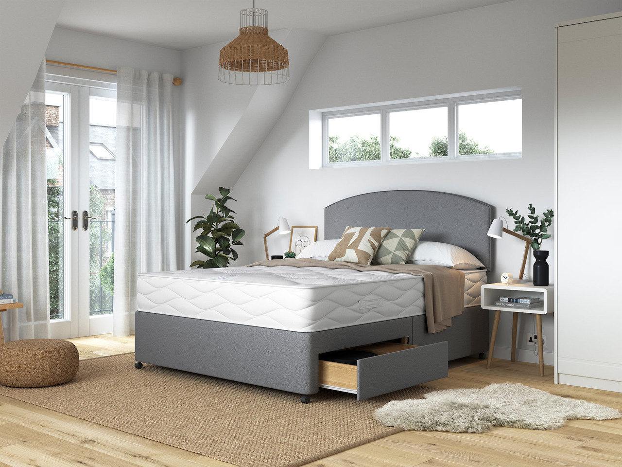 Pensilva Ortho Comfort Divan Bed Set in cool grey set in a contemporary bedroom design