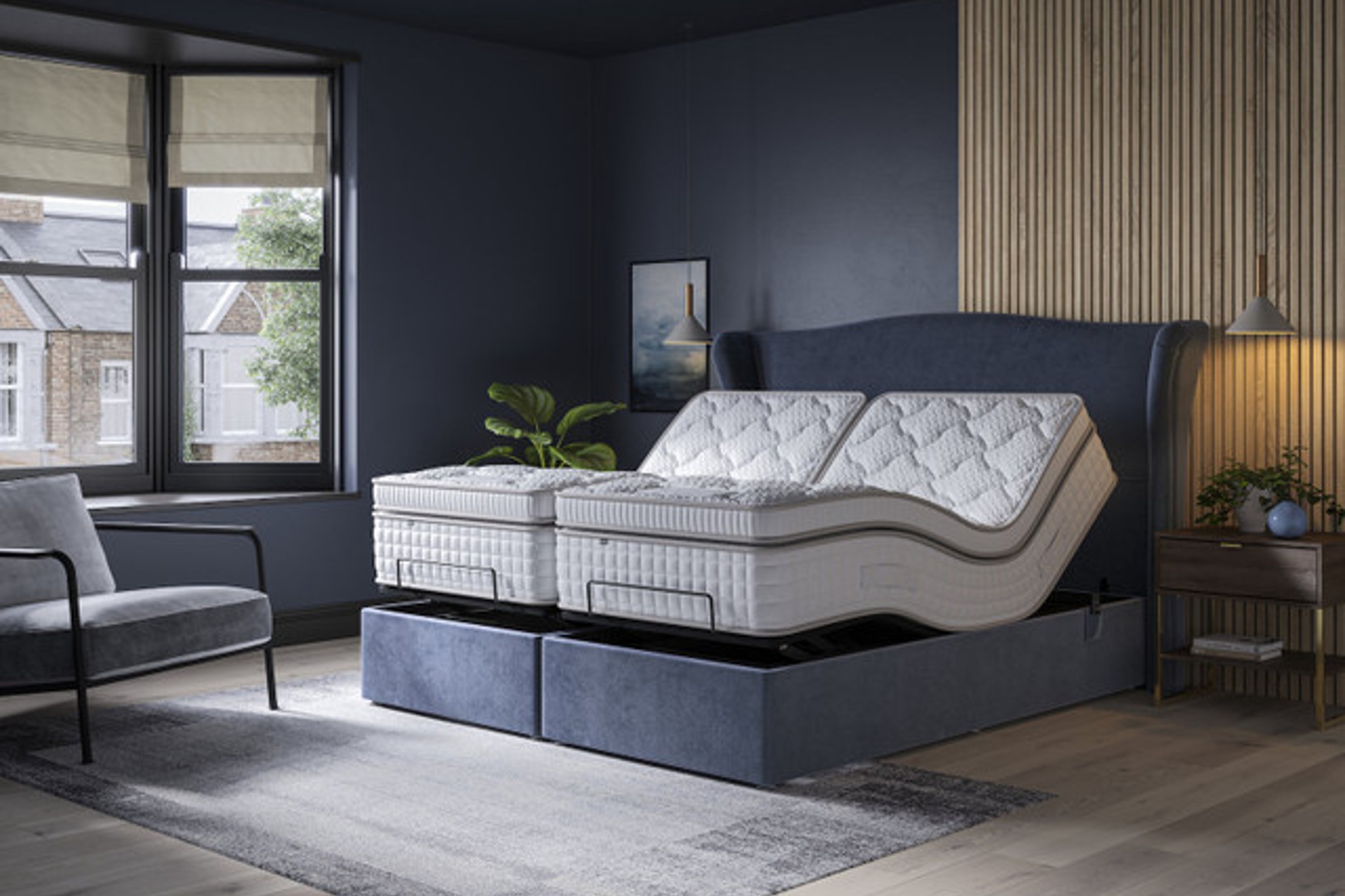 Tech Memory Motion Plushtop Adjustable Divan bed and mattress set upholstered in deep blue bespoke Prussian fabric