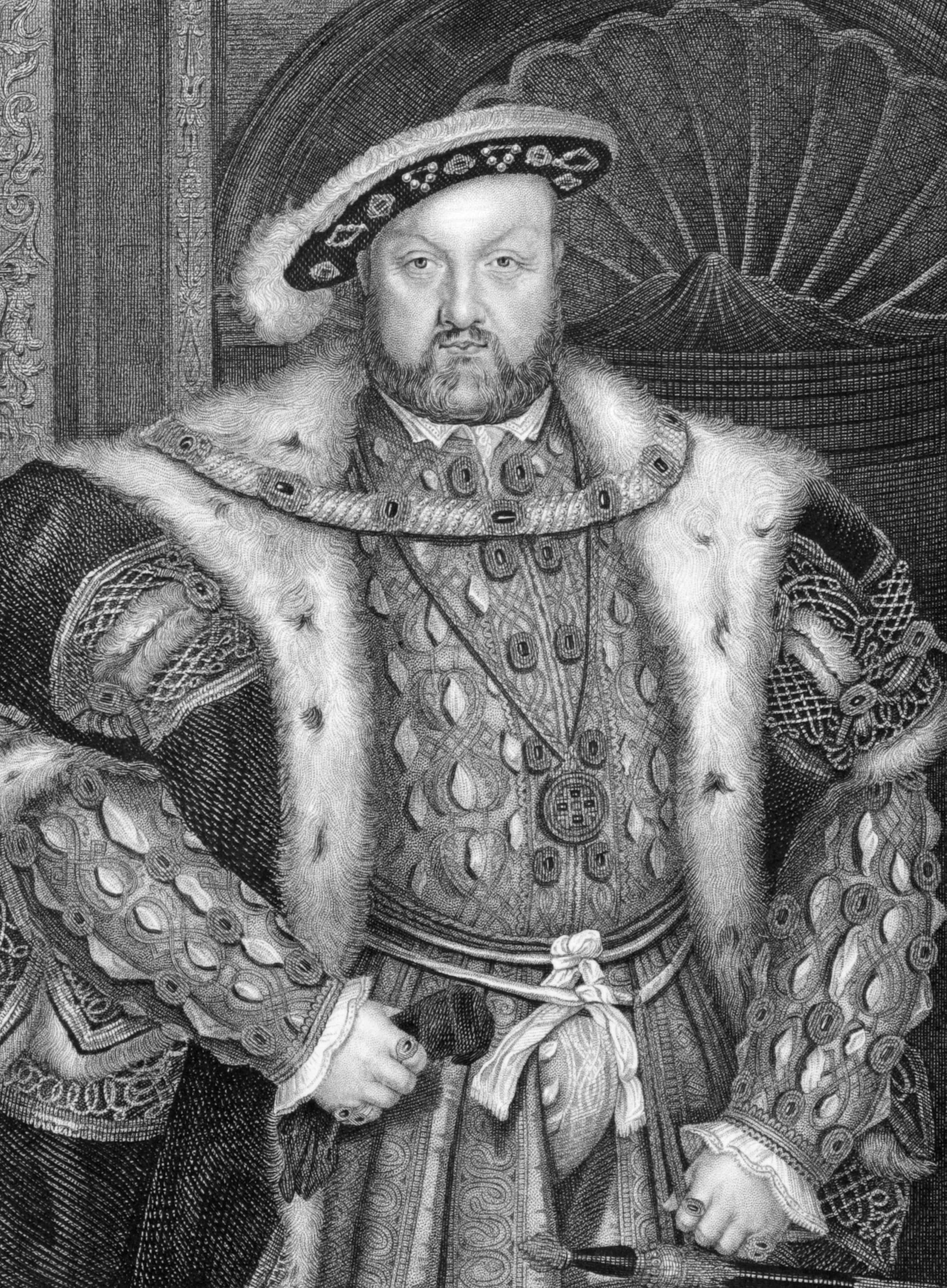 A sketched image of King Henry VIII in his royal finery