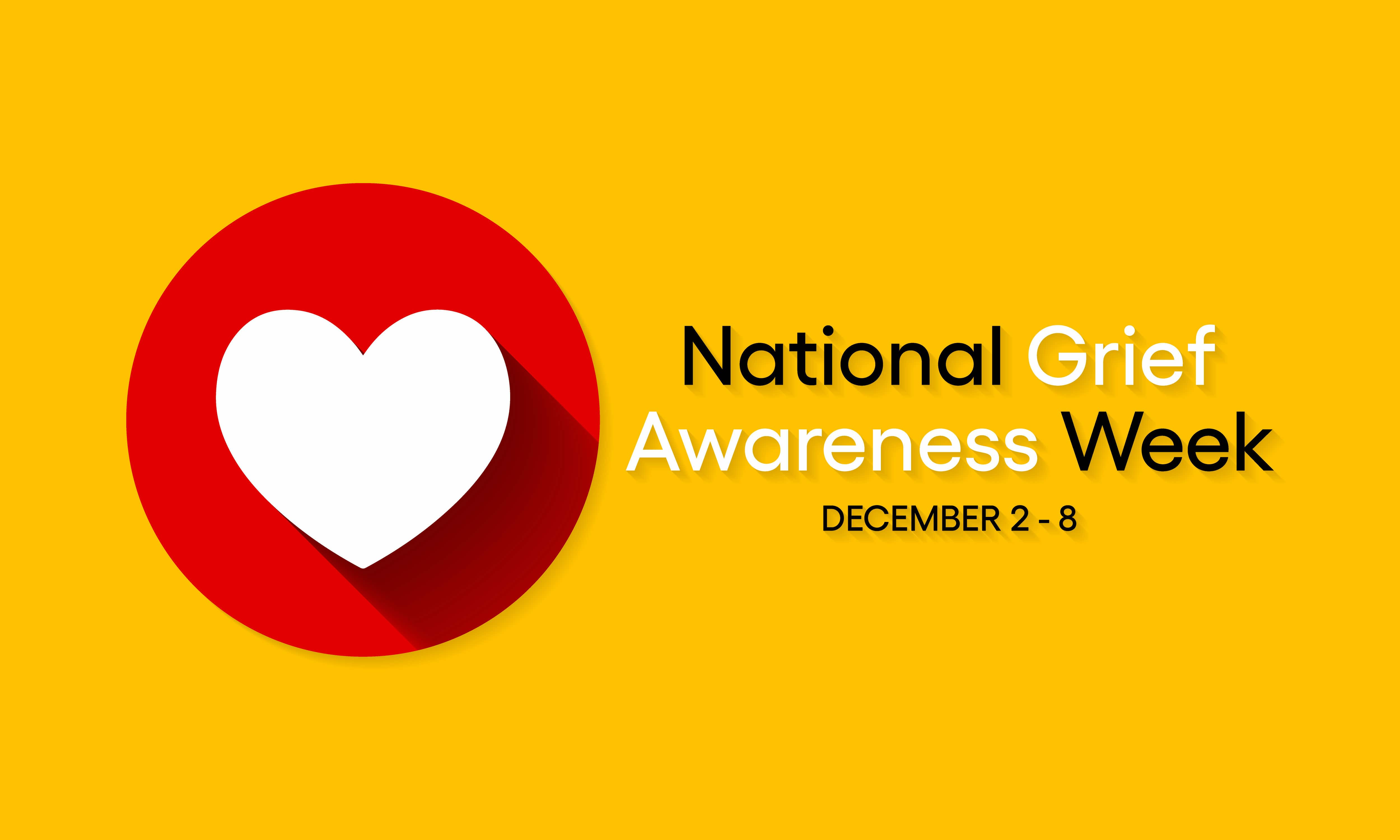 To the left there is a white heart in a red circle. To the write the text reads National Grief Awareness Week December 2 - 8