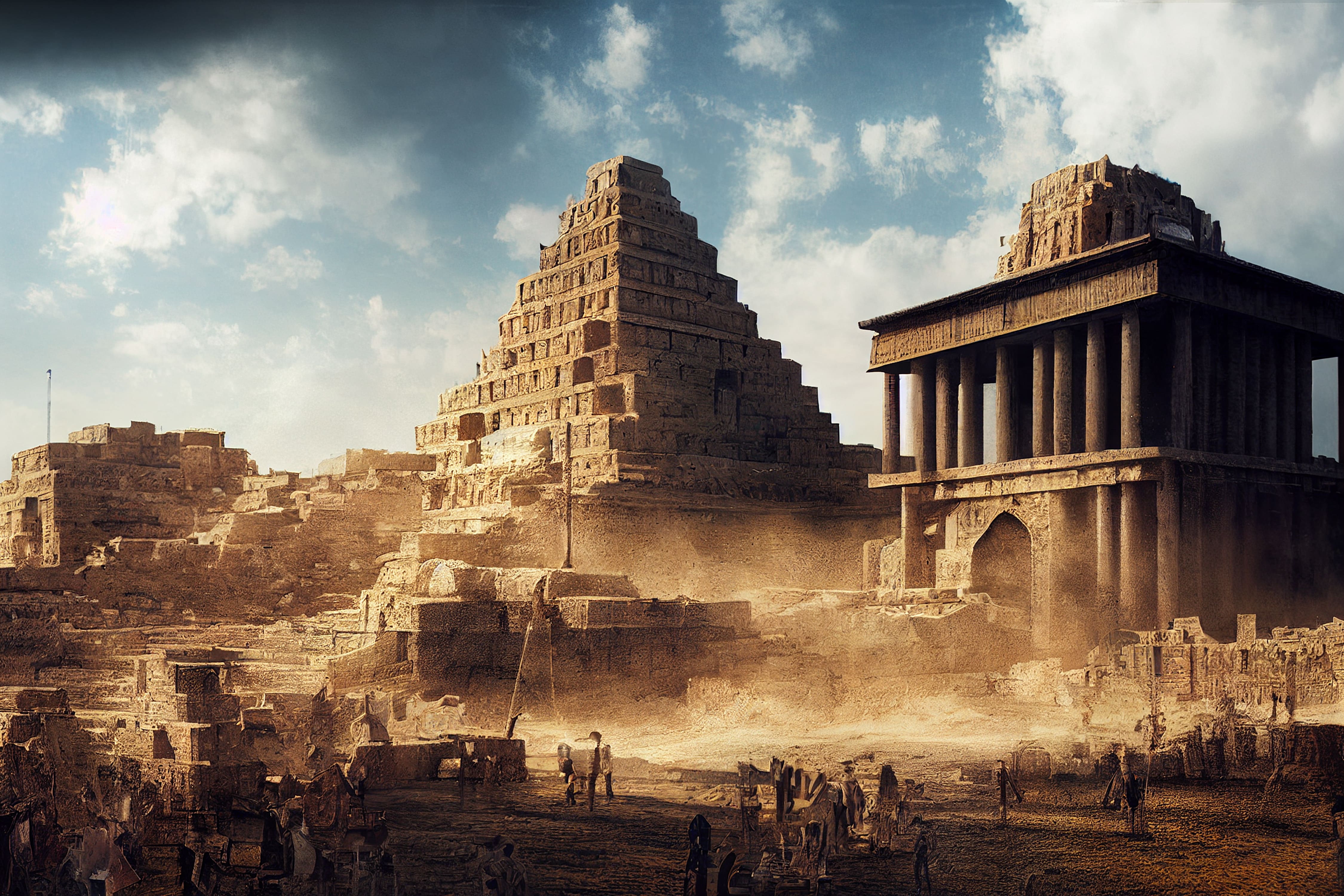 Depiction of ancient Babylonian architecture, including a pyramid and temple.