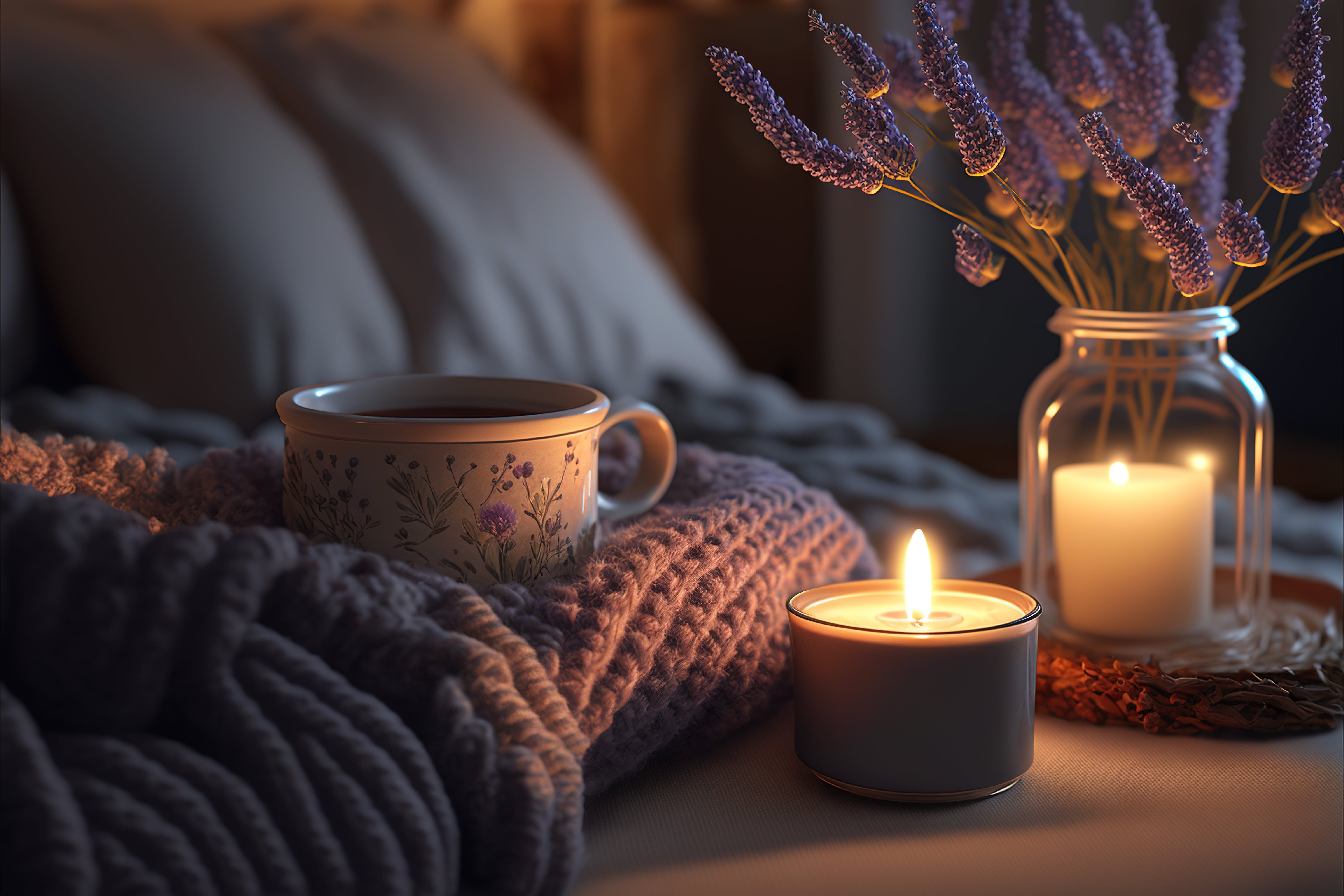 A candlelit bedside table featuring lavender and a mug of herbal tea. A purple bedspread lies on an empty bed in the background
