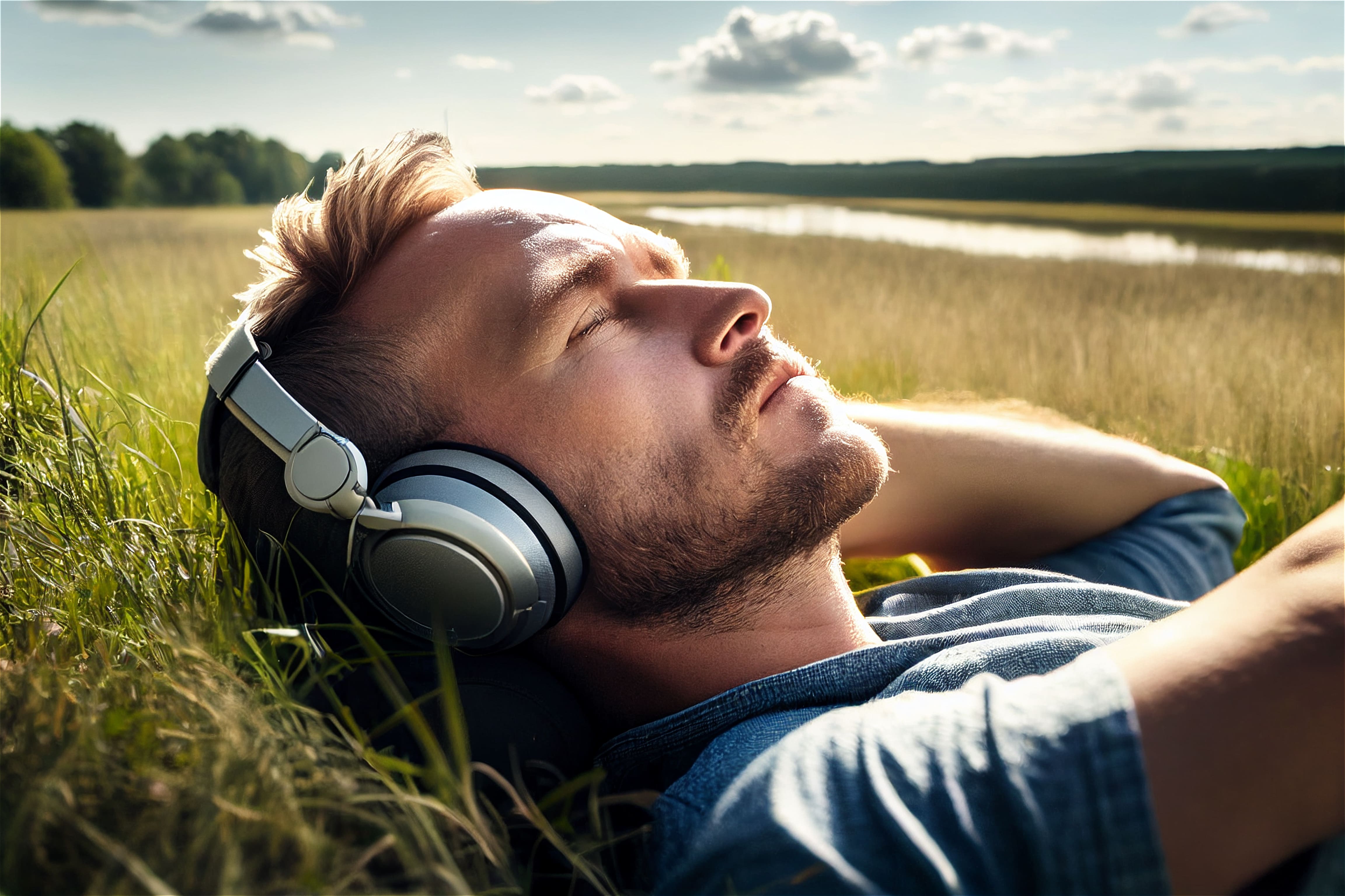 A man lay in a field of grass wearing his headphones and closing his eyes while listening to music. The sky is blue and white fluffy clouds float past