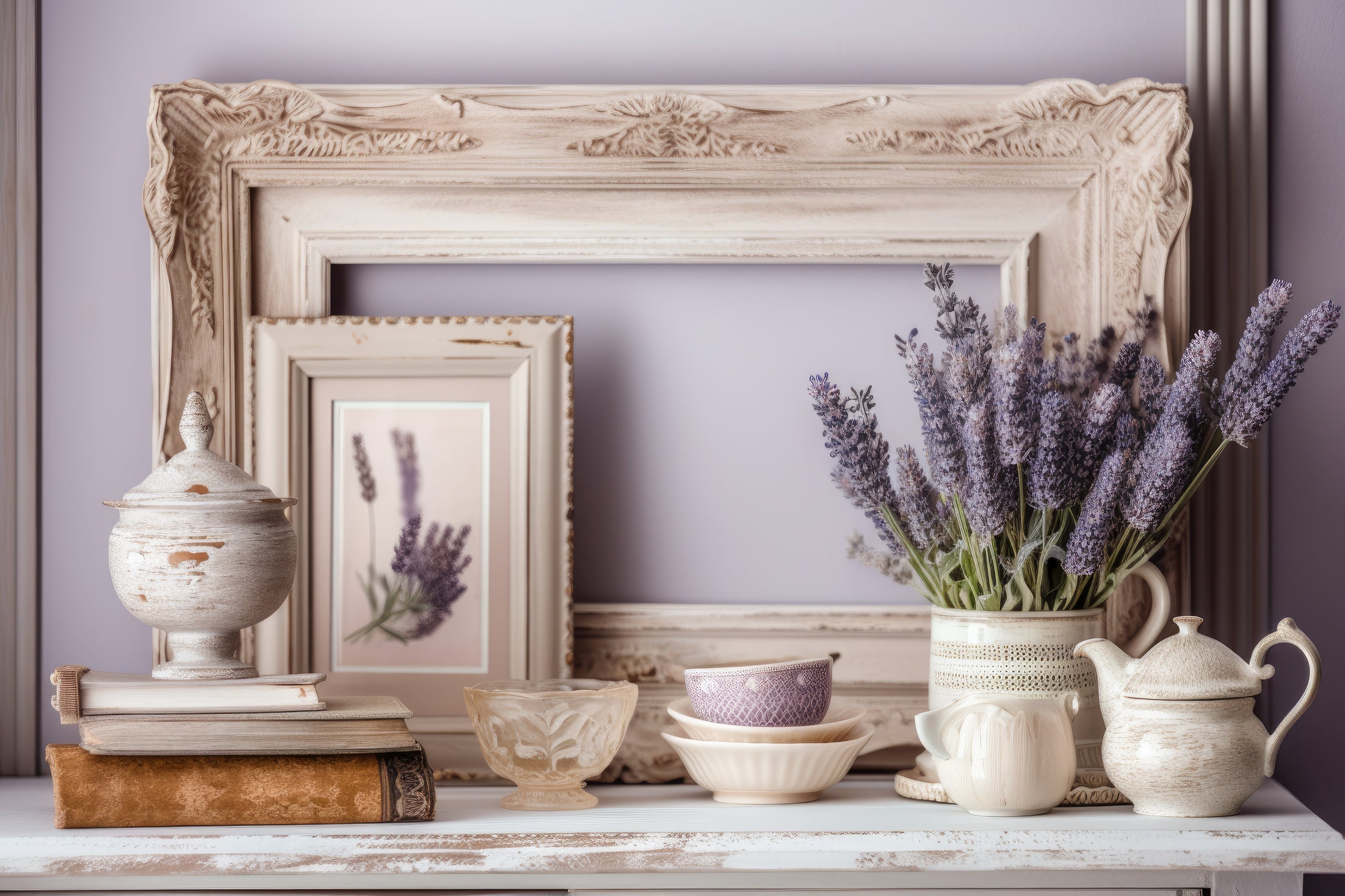 Purple lavender floral spires surrounded by vintage home accessories 