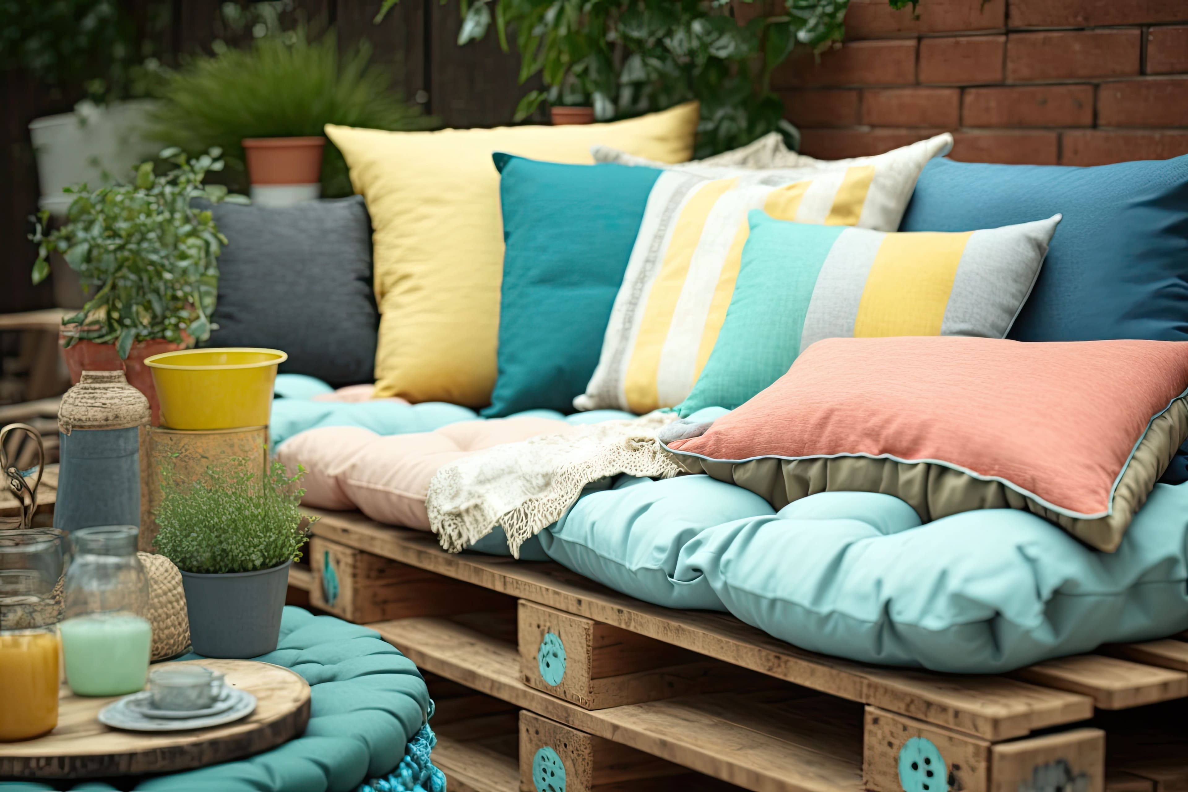 A maximalist outdoor palette bench loaded with colourful cushions and surrounded by various plants