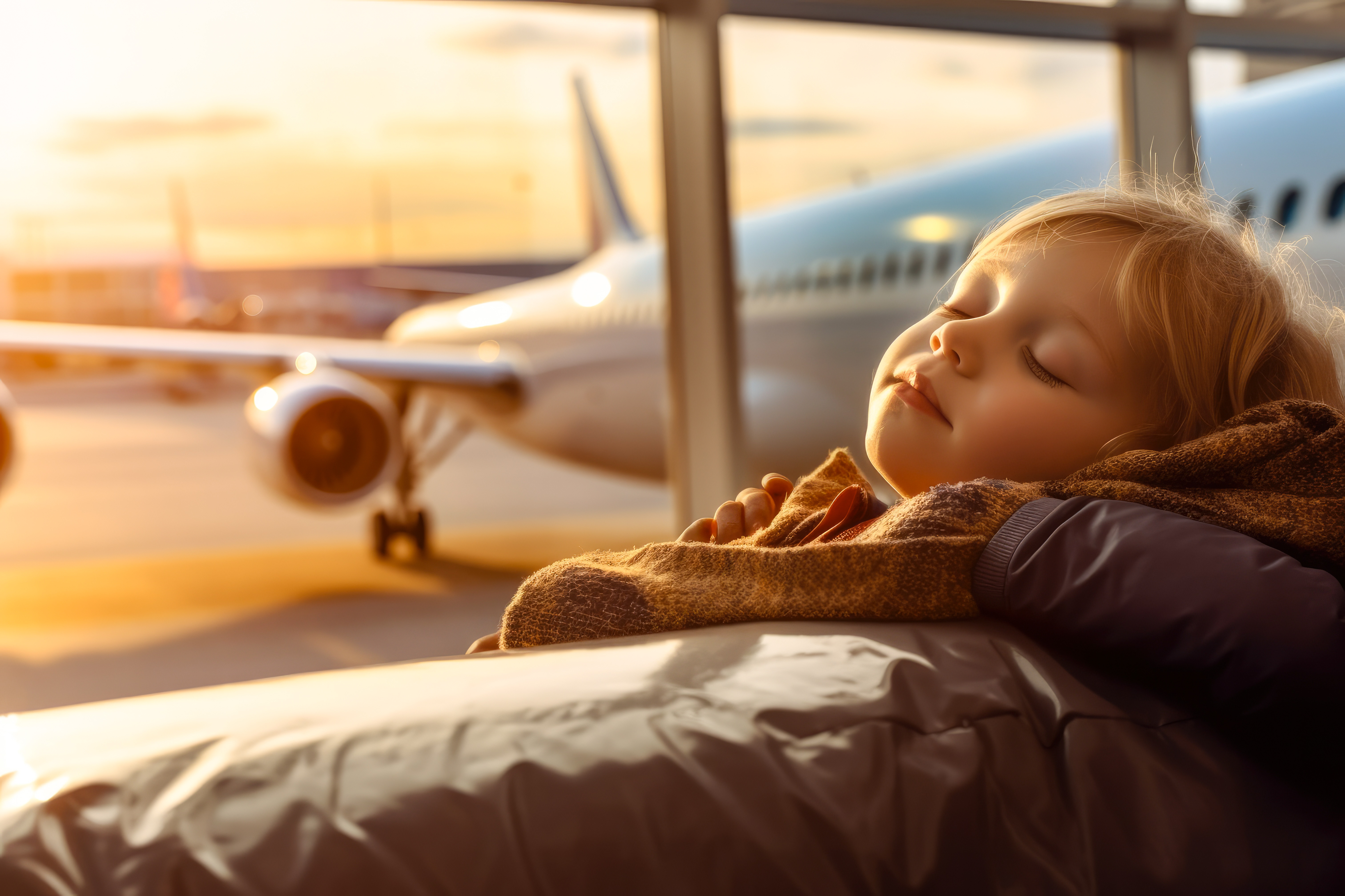 A little girl asleep in an airport with a plan parked up outside which is visible through the window in the twilight