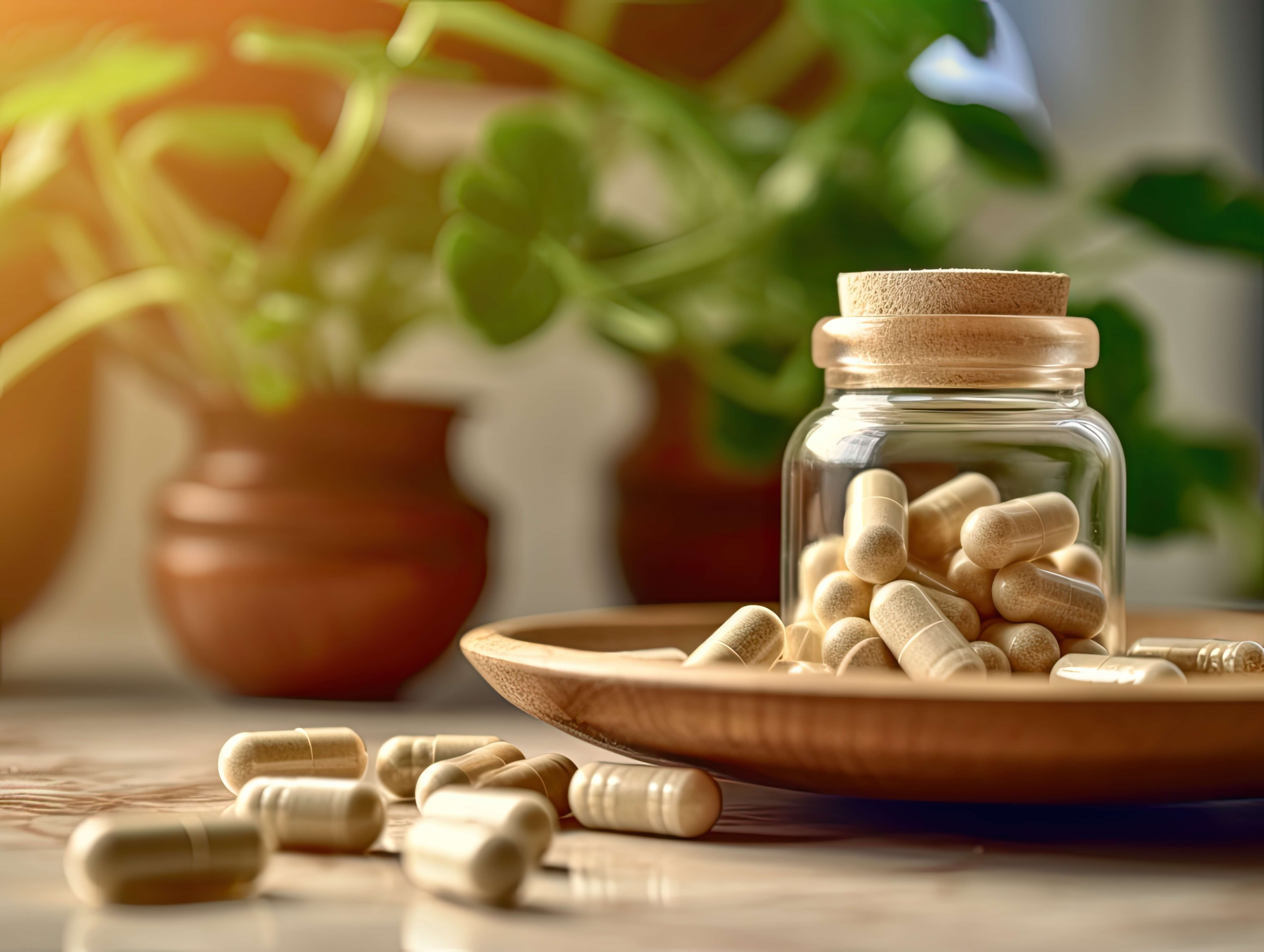 Ashwaganda supplements in and around a clear glass jar featuring a cork lid. In the background is a leafy green plant.