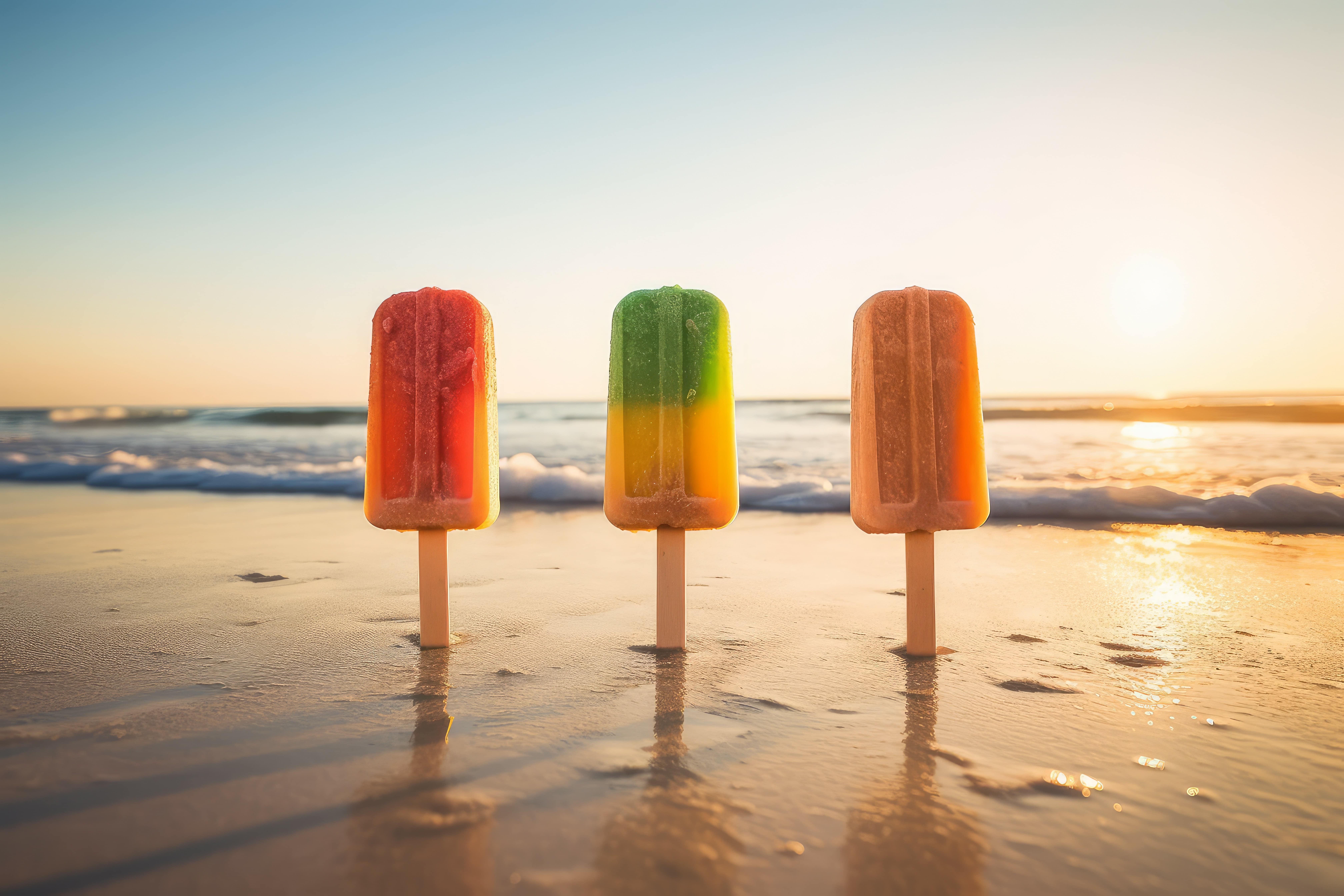 Three ice lollies standing upright in the sand with a background of the sea and a blue sky as the sun sets