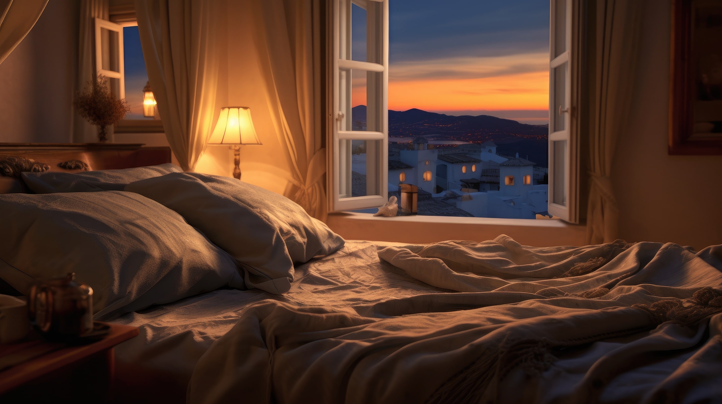 An empty bed with an open window at dusk allowing cool air to circulate after a hot day