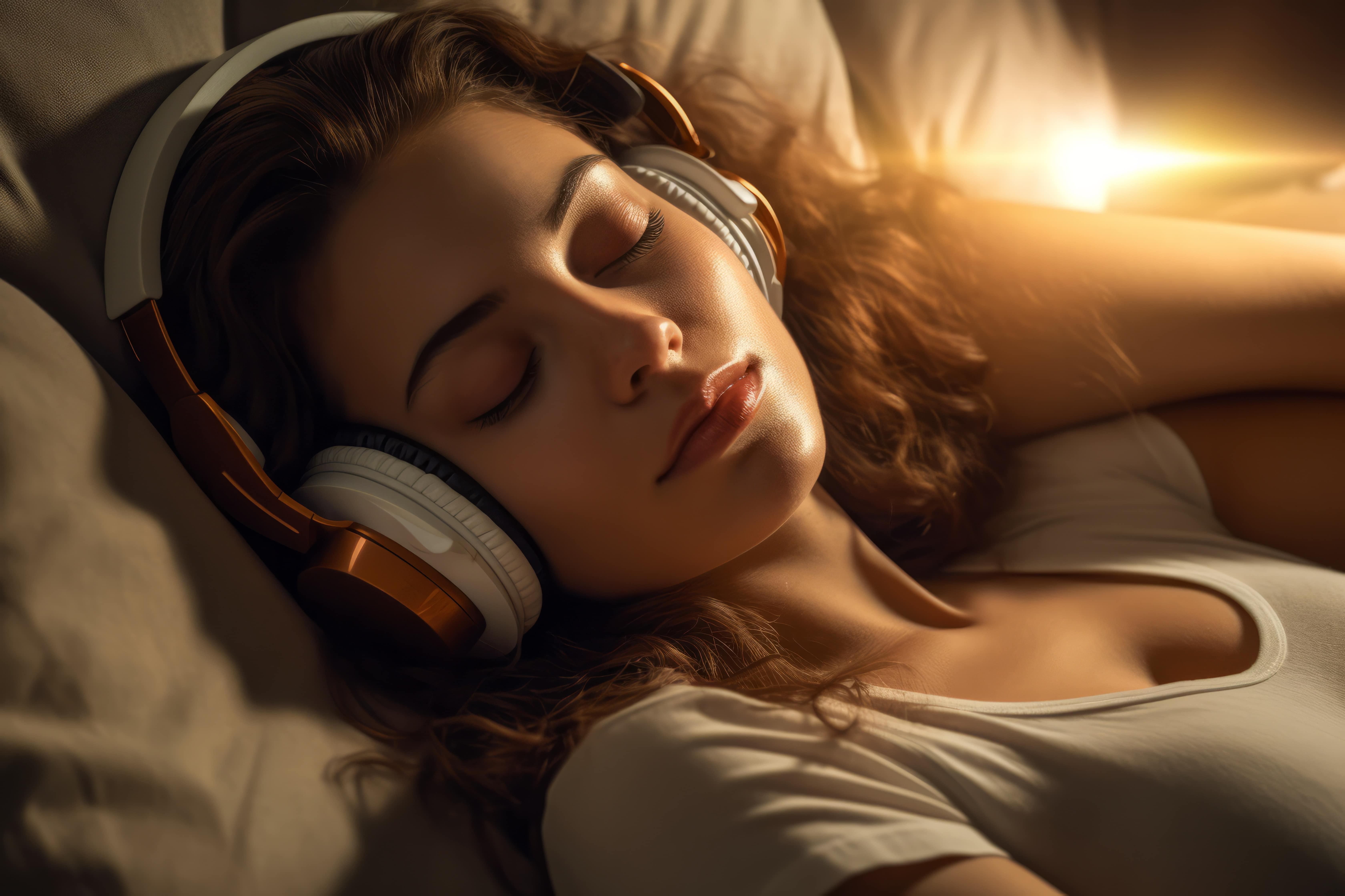 A lady falling asleep thanks to the comfortable quiet offered by her noise cancelling headphones