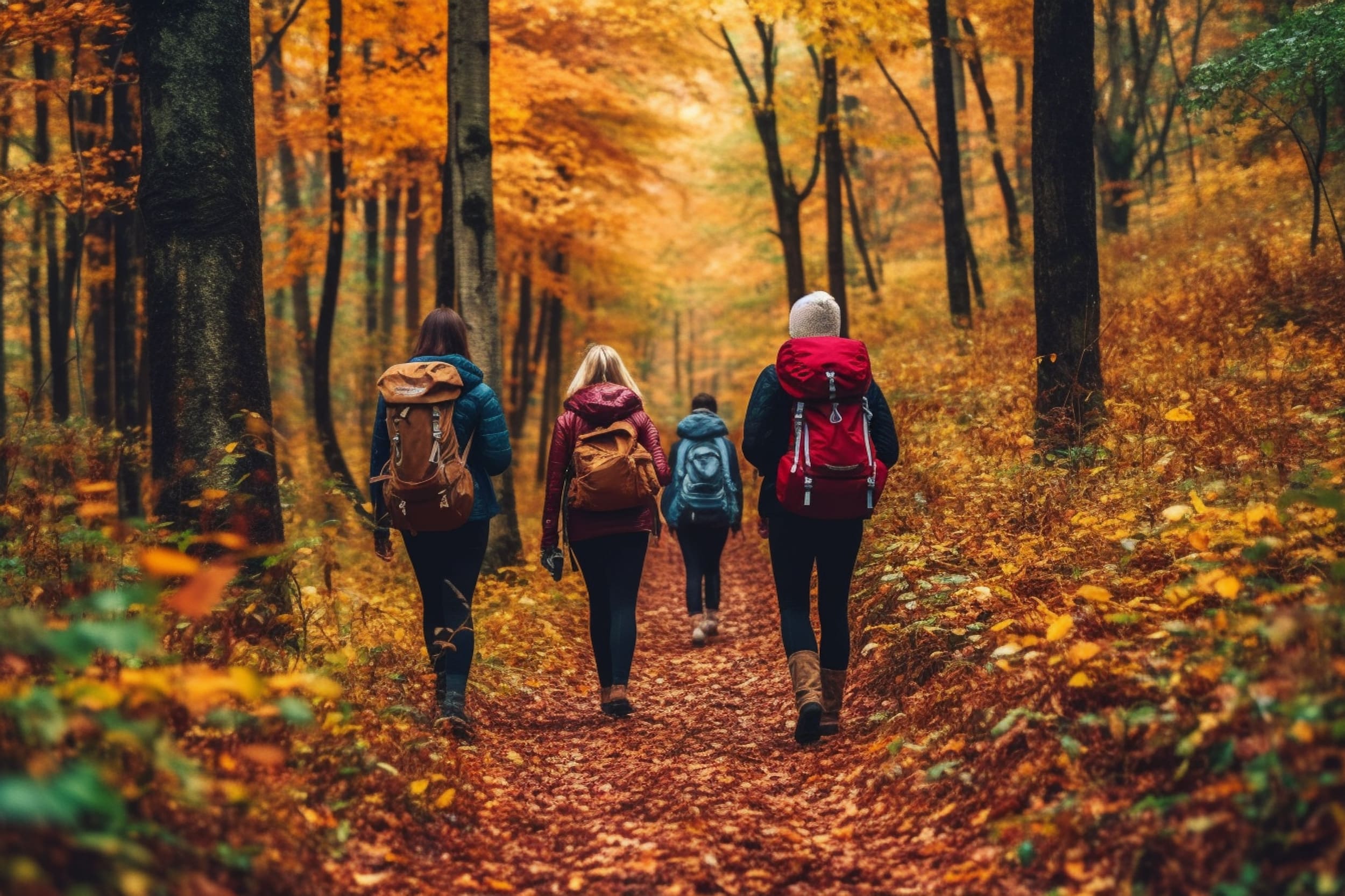 A group of four hiking through the woods in a beautiful display of orange, red and golden leaves.