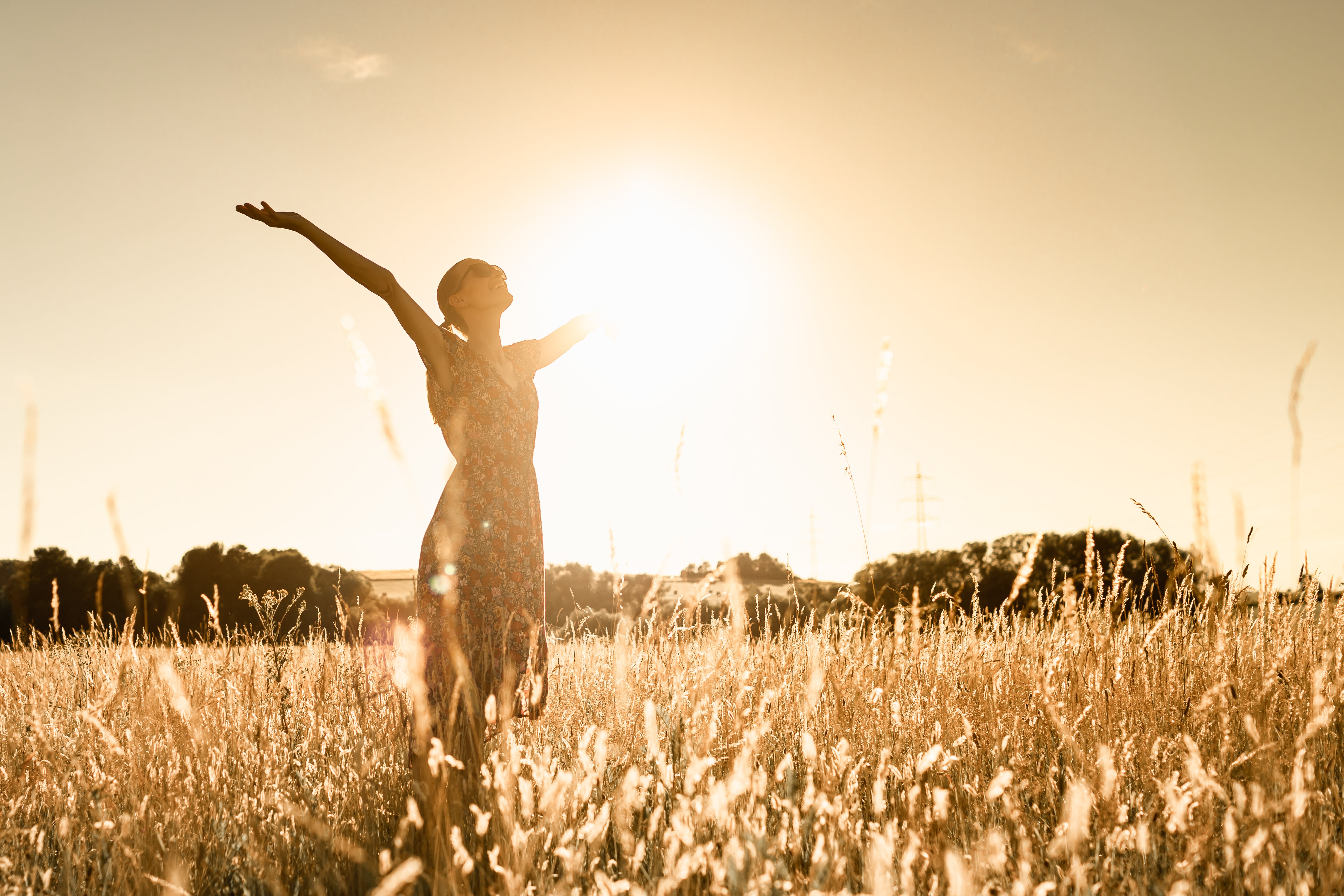 A woman standing in a field of wheat stretching her arms up high as the sun rises