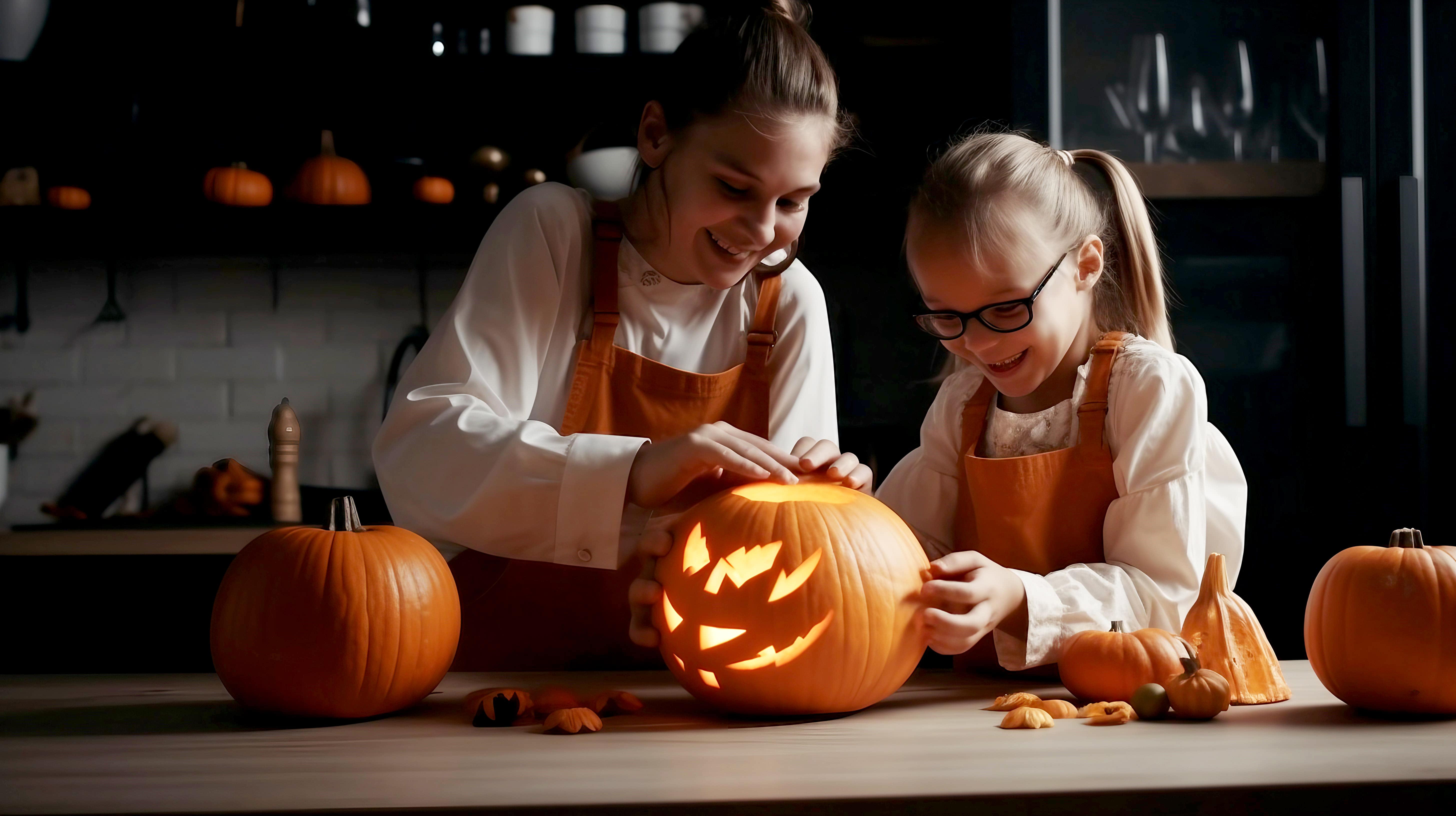 A mum and daughter lighting the candle in their pumpkin after carving it. Both are wearing matching orange aprons.