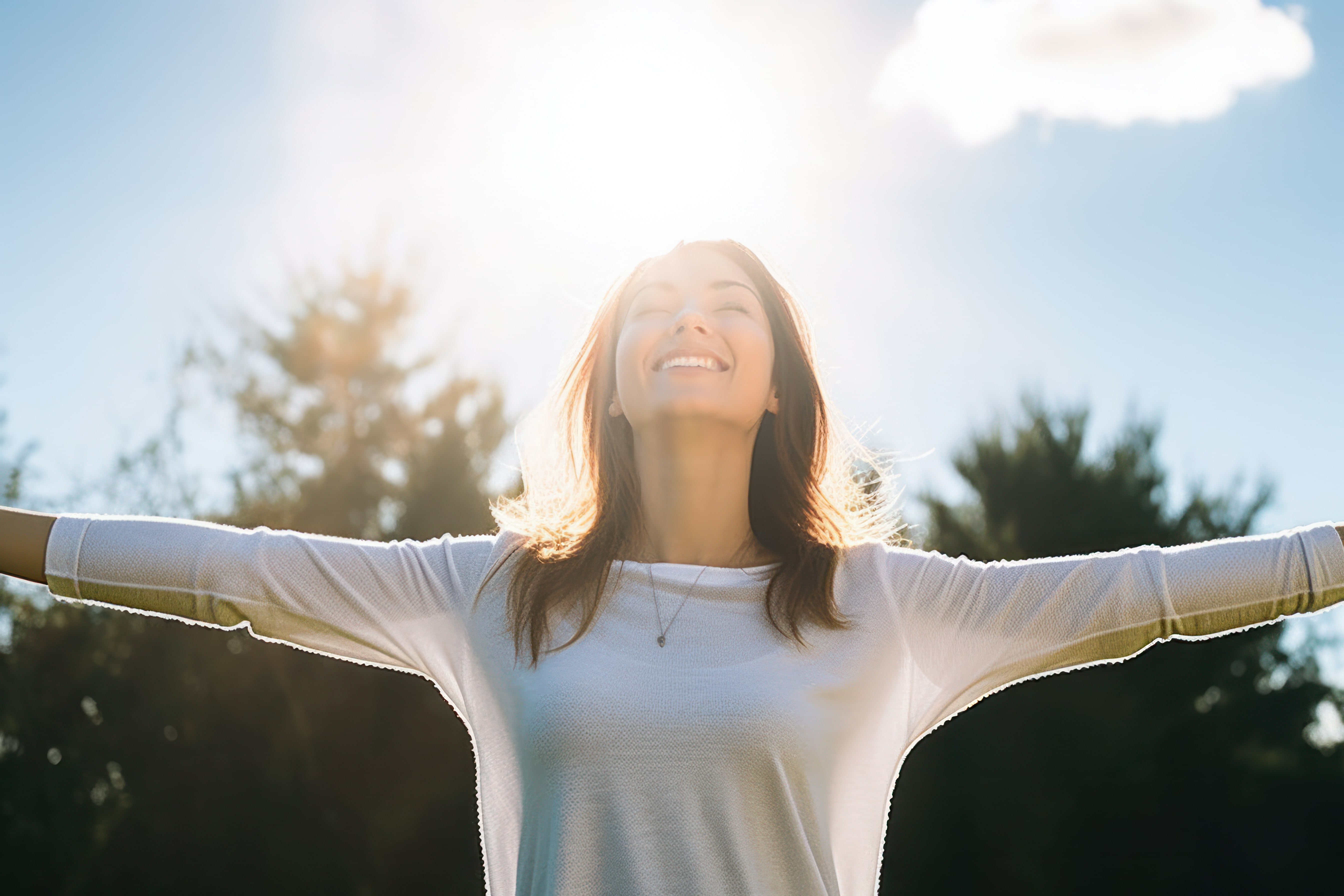 An image of a woman smiling and stretching as the spring sunshine warms her face.
