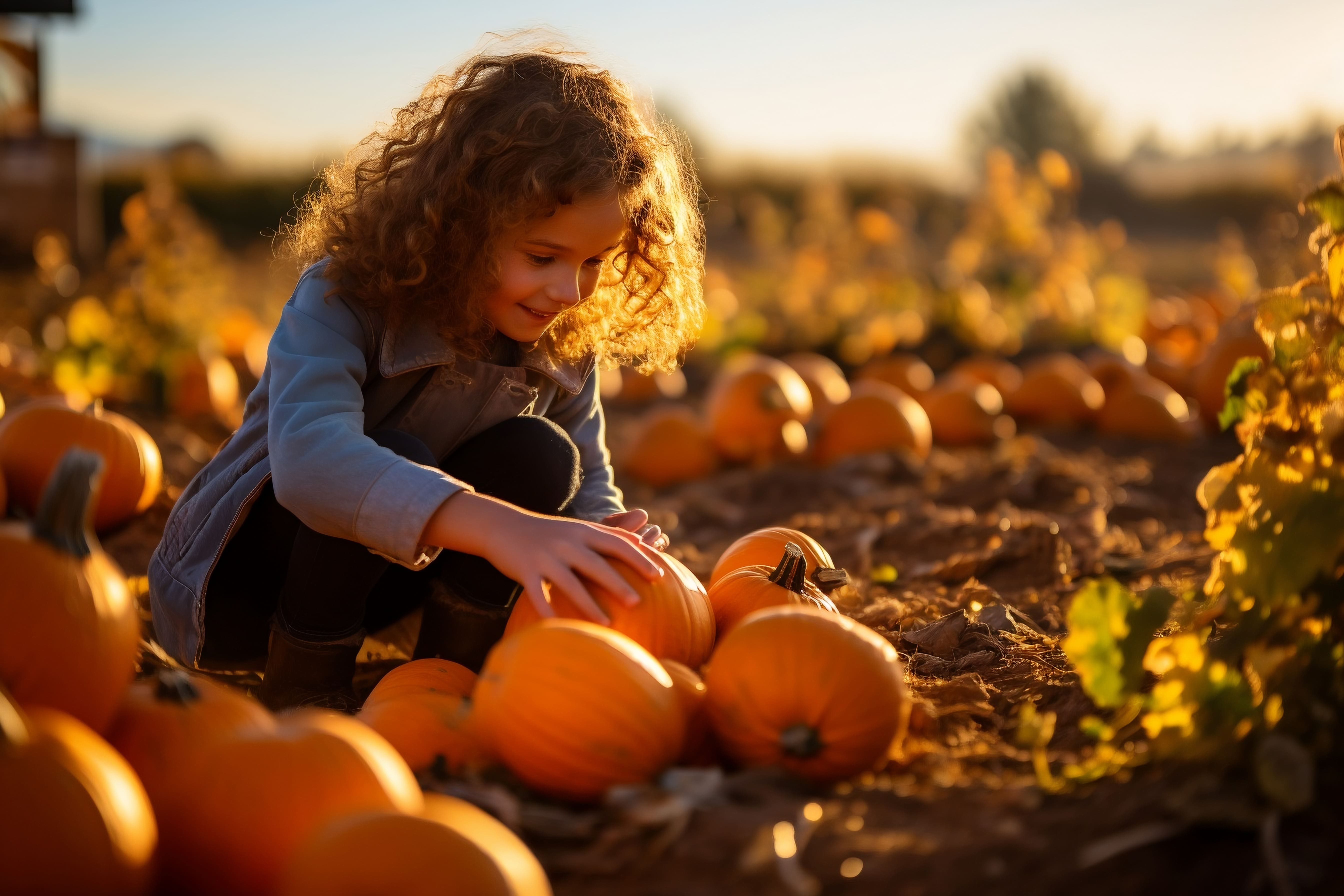 A little girl smiling as she chooses a pumpkin from the field full of them