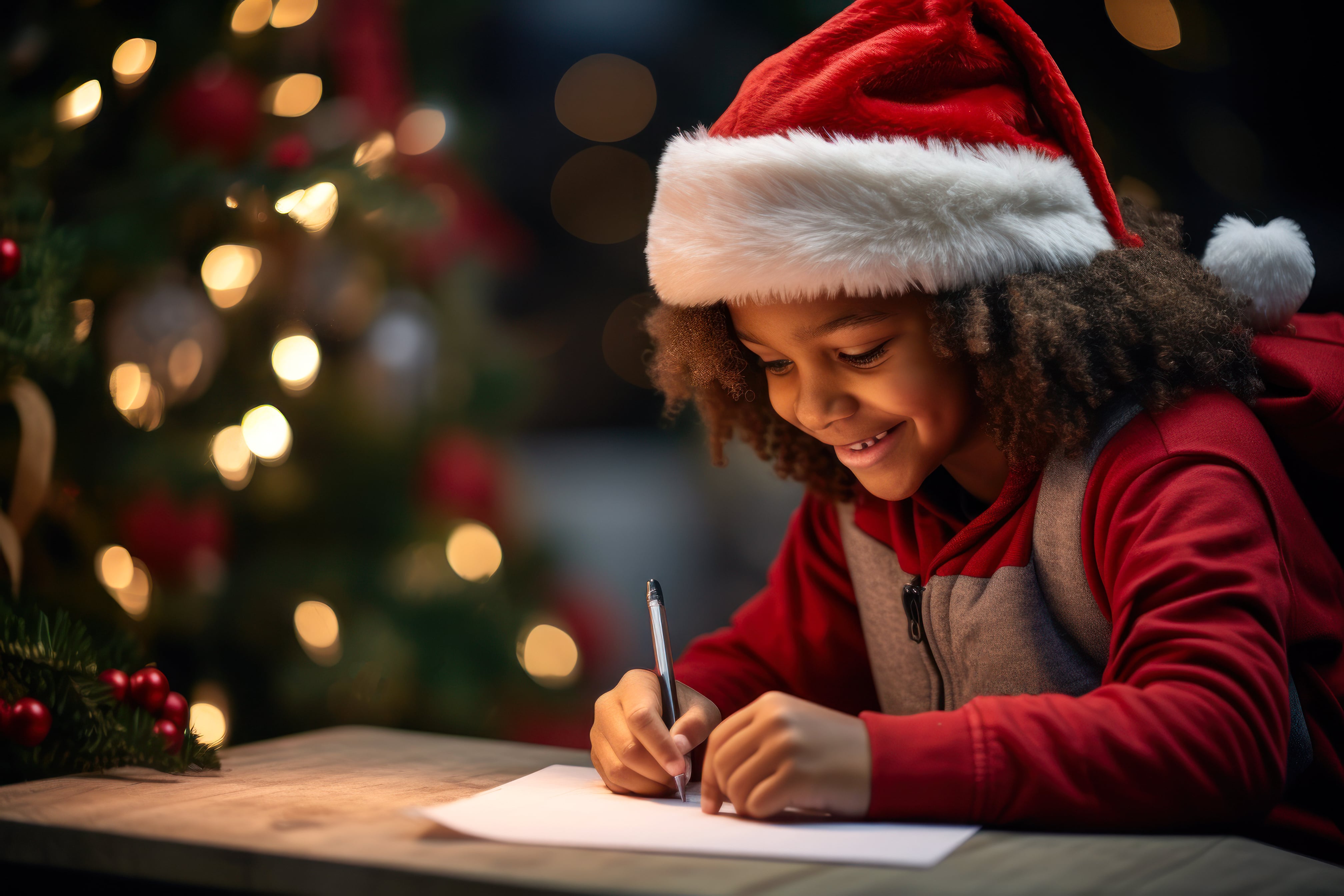A little boy smiling as he writes his letter to Santa wearing a Santa hat with some Christmas lights in the background