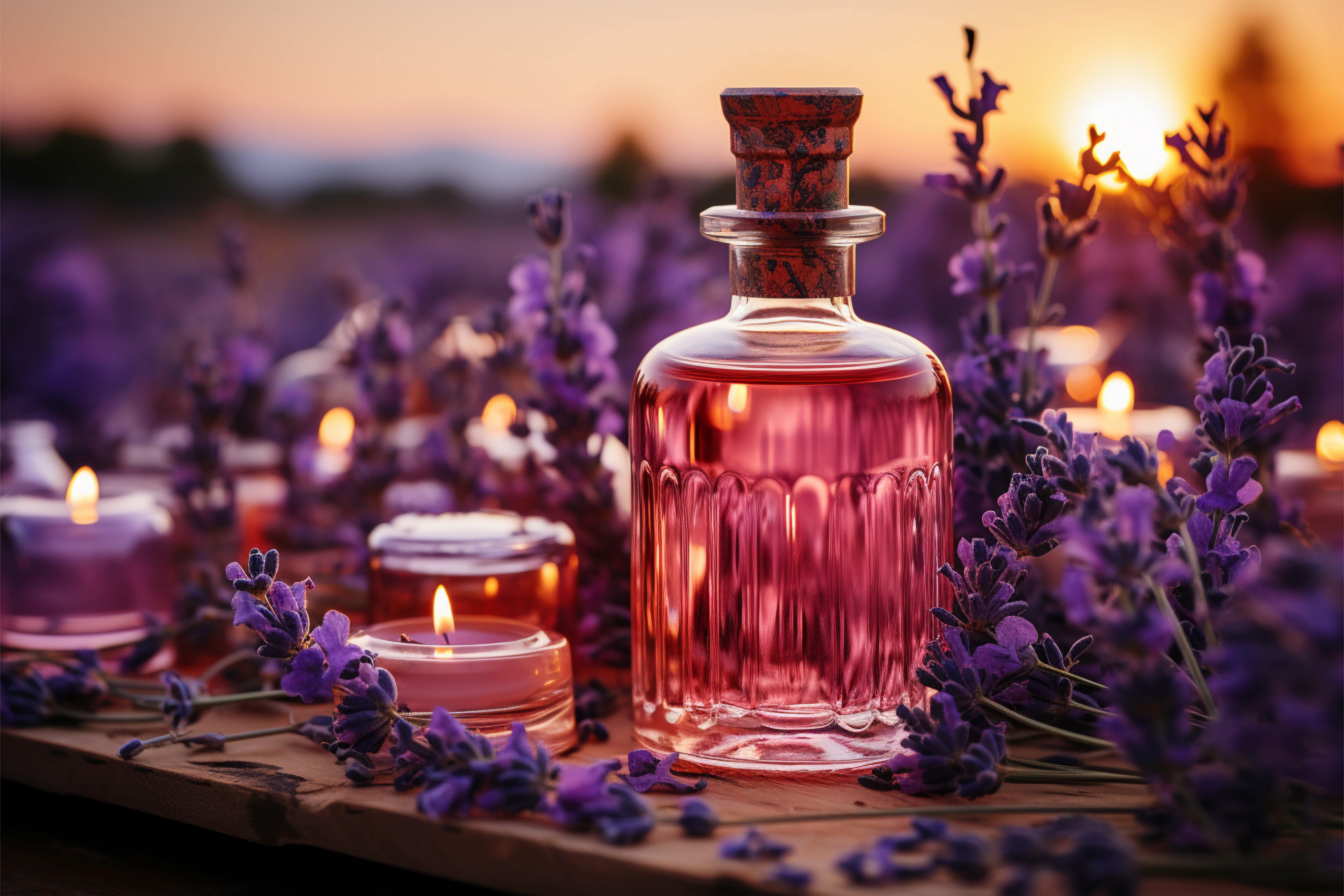 A lavender aromatherapy set by candlelight at sunset surrounded by fresh lavender flowers
