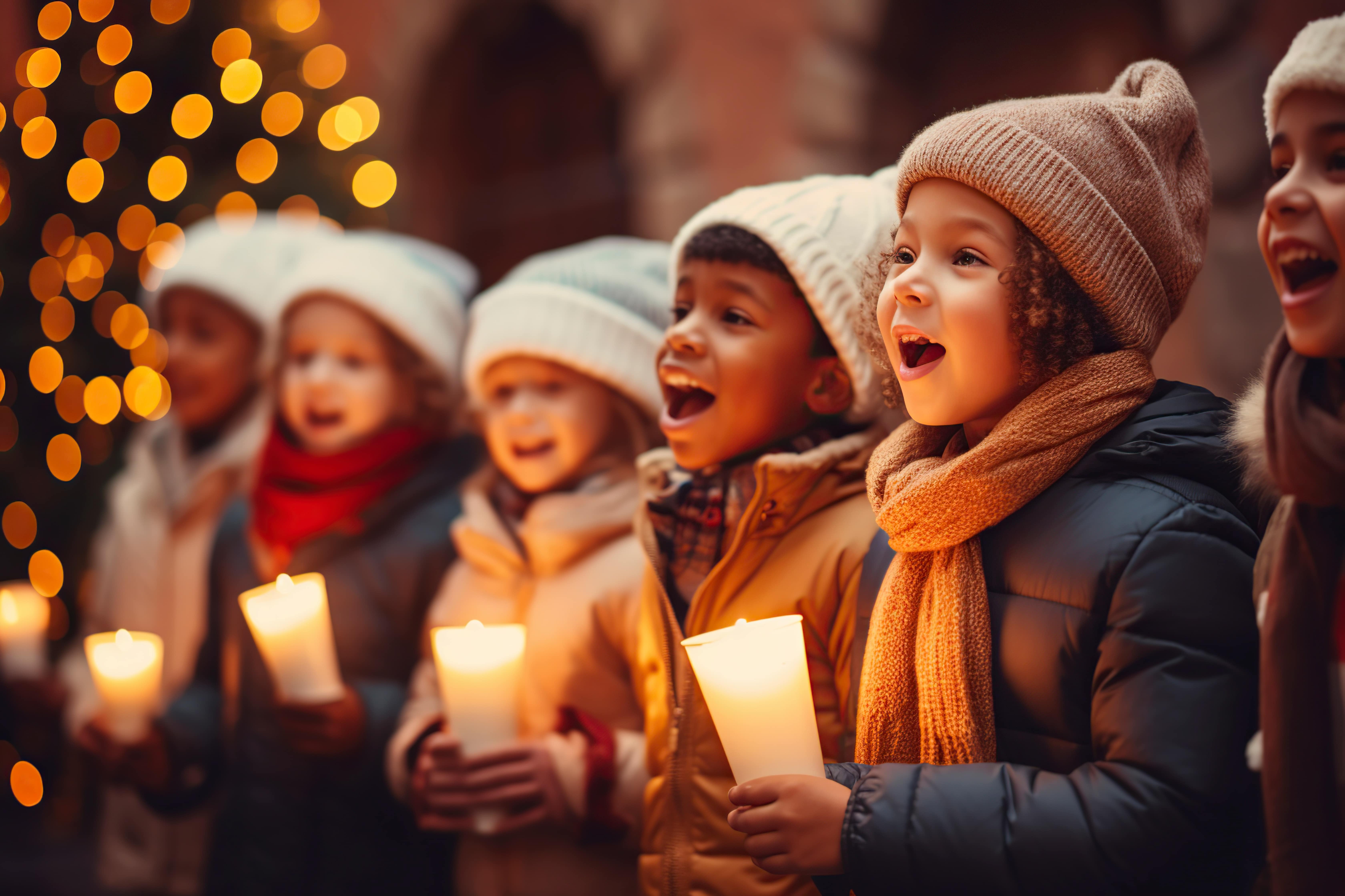 A line of children wearing woolly winter hats, holding candles and singing Christmas carols. There is a Christmas tree strung with fairy lights blurred out in the background