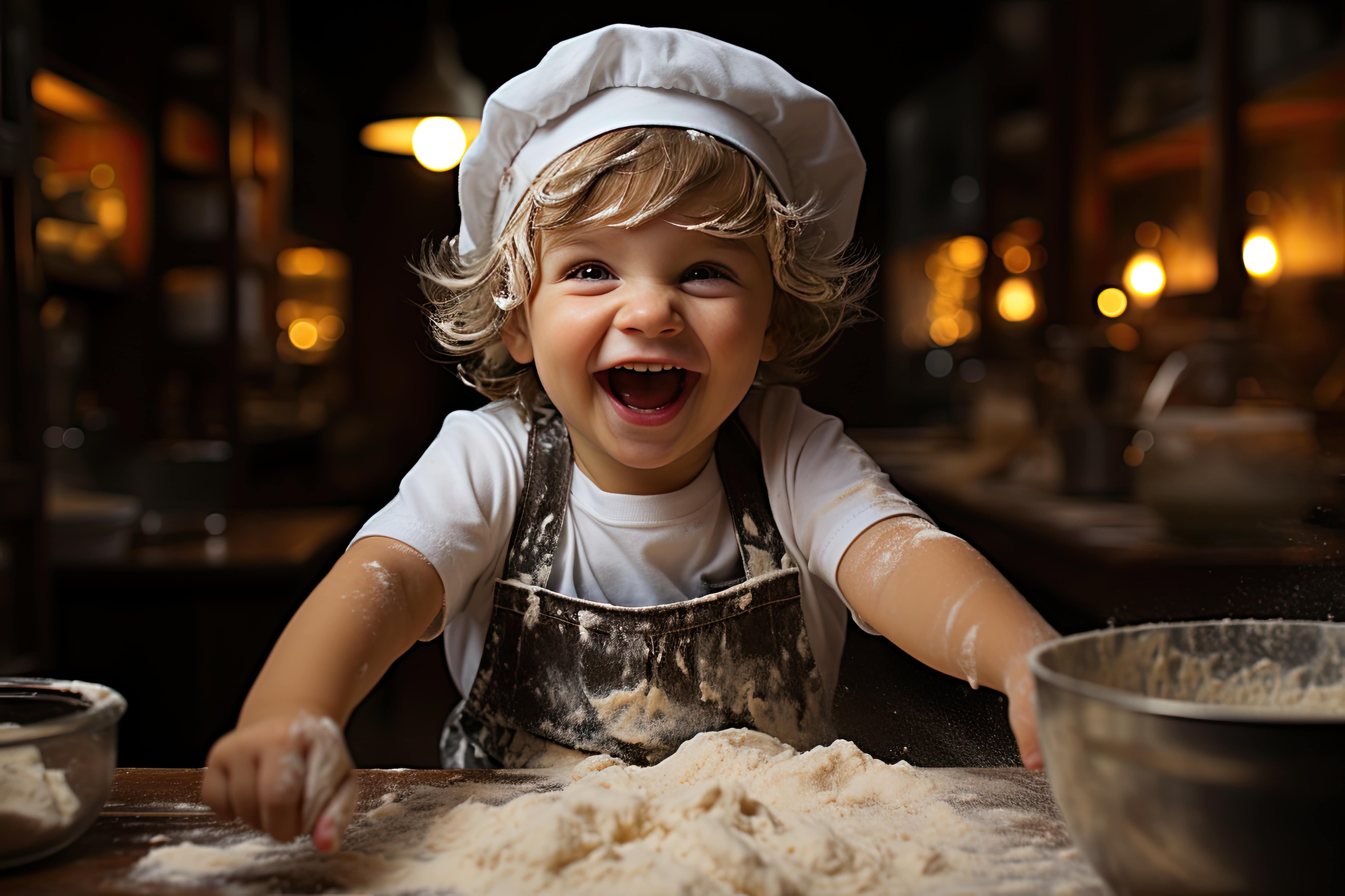 A smiling child covered in flour and dough and wearing a baker's or chef's hat and an apron