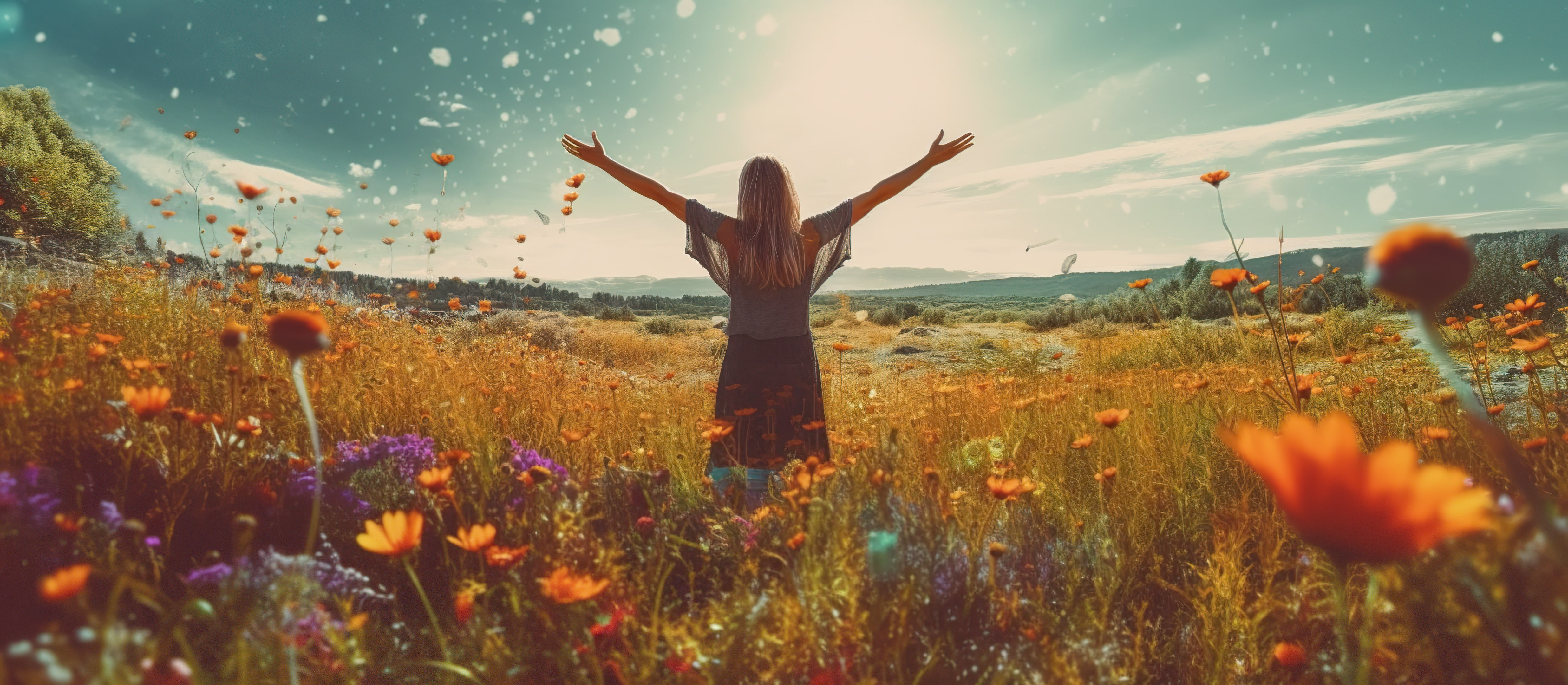 An AI generated image of a lady standing in a field of orange flowers with her arms outstretched as she dreams of what she can achieve.