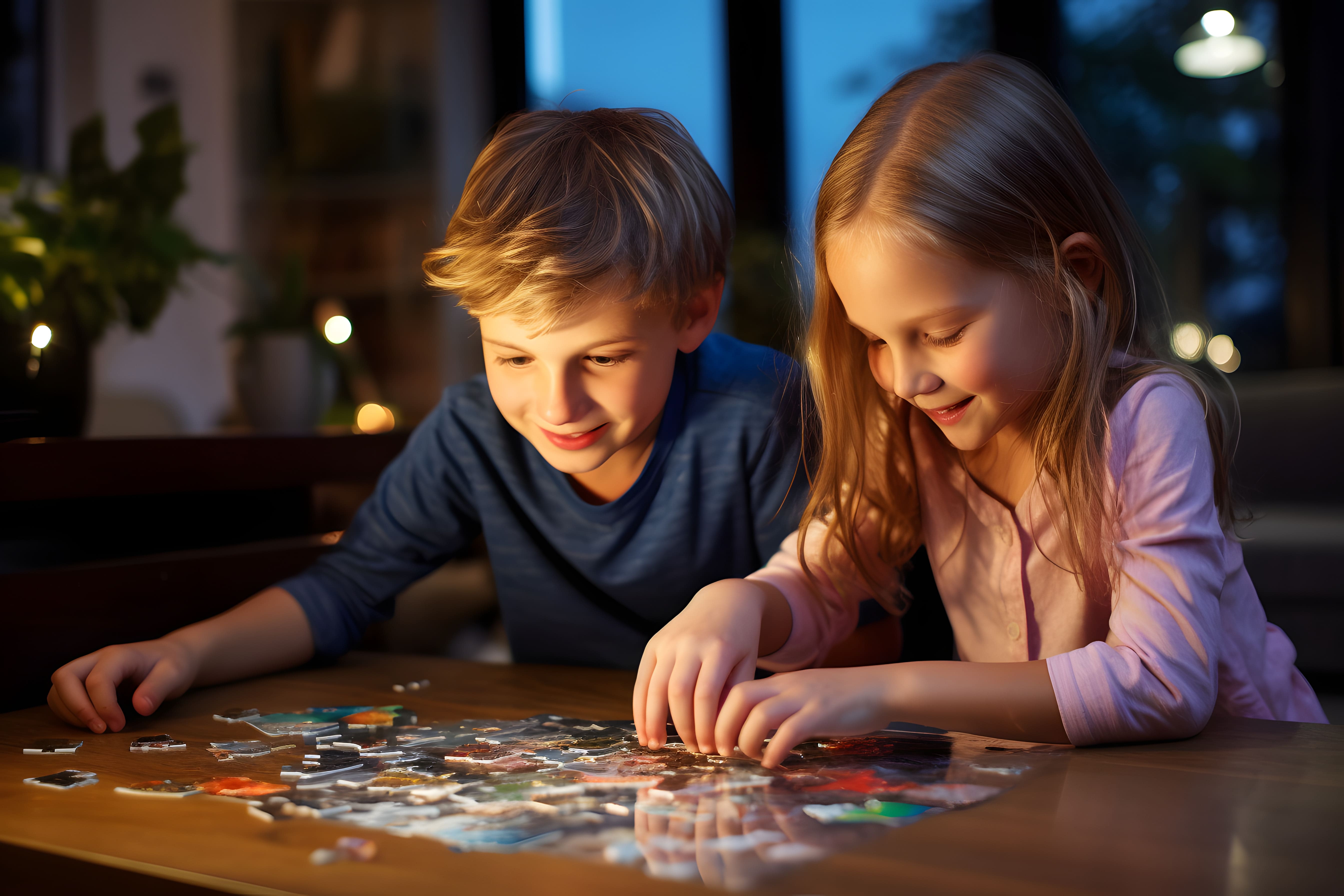 A brother and sister working hard to complete a challenging jigsaw puzzle together by lamplight before bedtime.