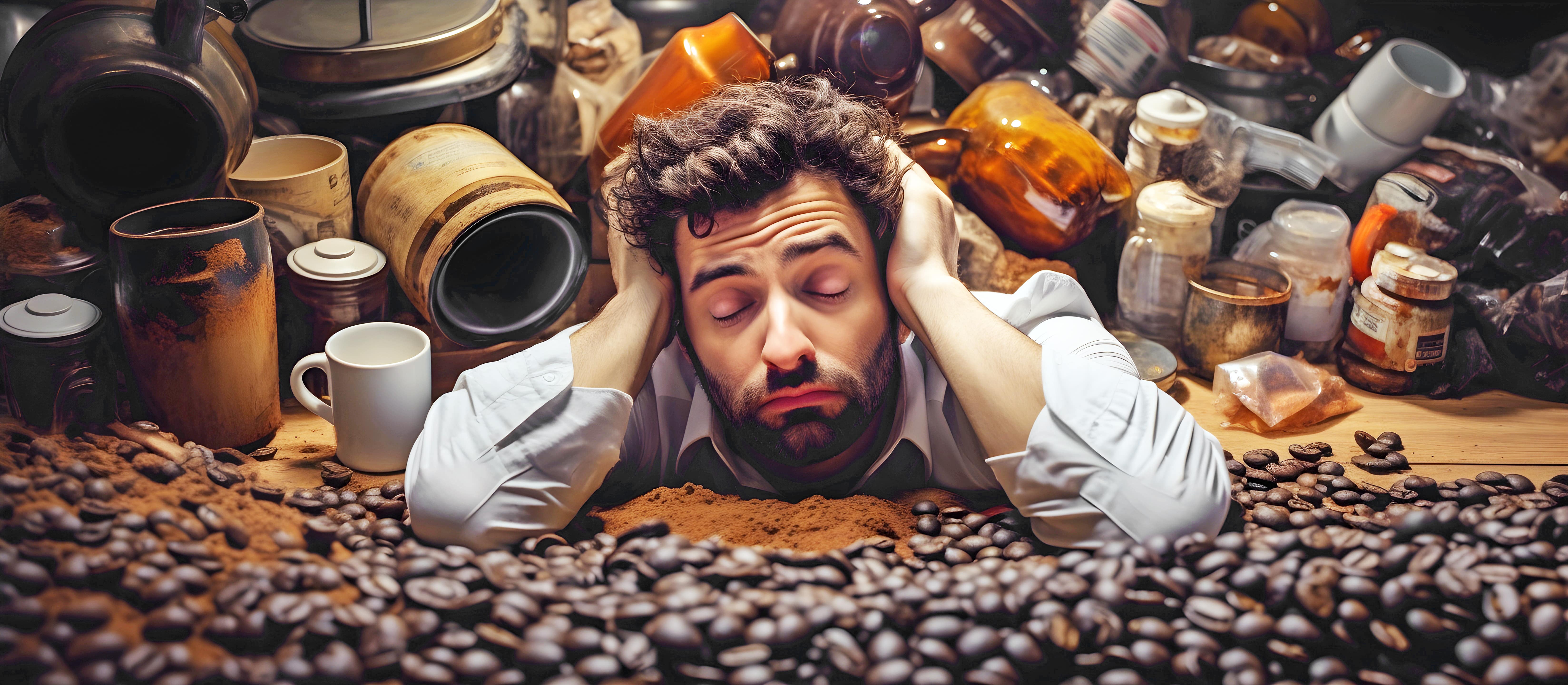 A man propped up on his elbows with his eyes closed surrounded by coffee paraphernalia and beans
