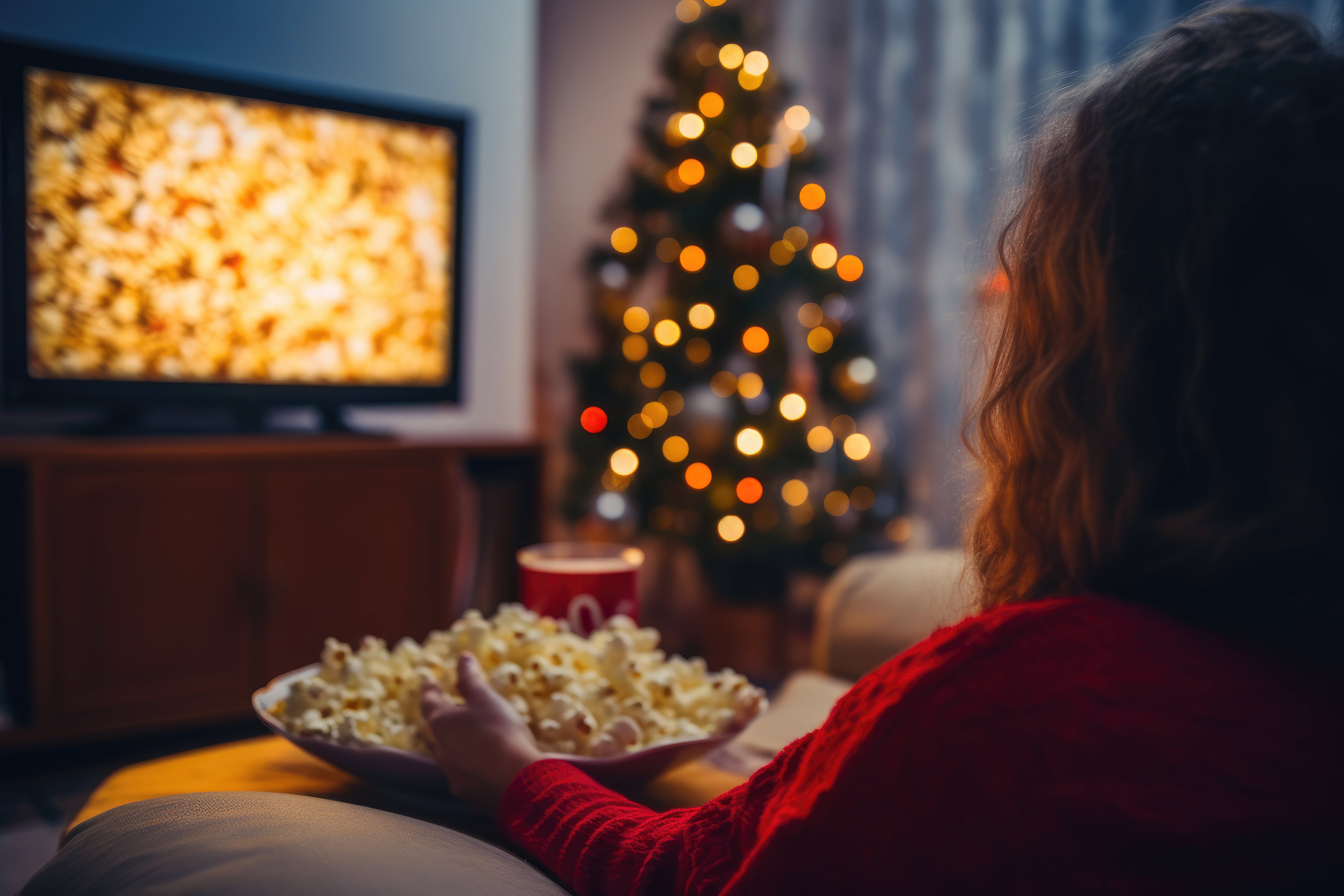 A lady sat watching a Christmas movie with a huge bowl of popcorn at the ready and fairy lights twinkling on the tree in the background