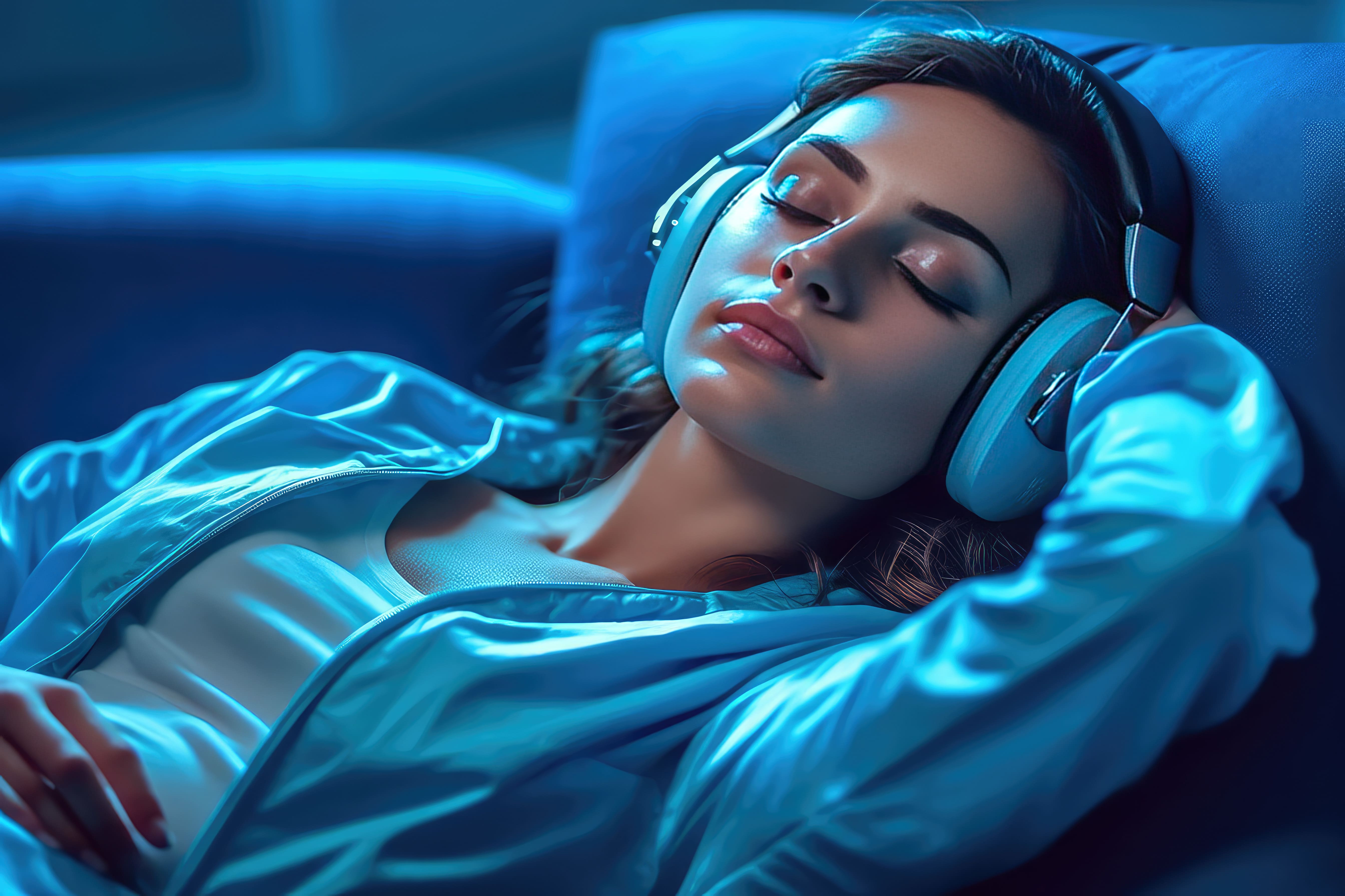 A woman lying on the couch with her eyes closed as music plays through her headphones