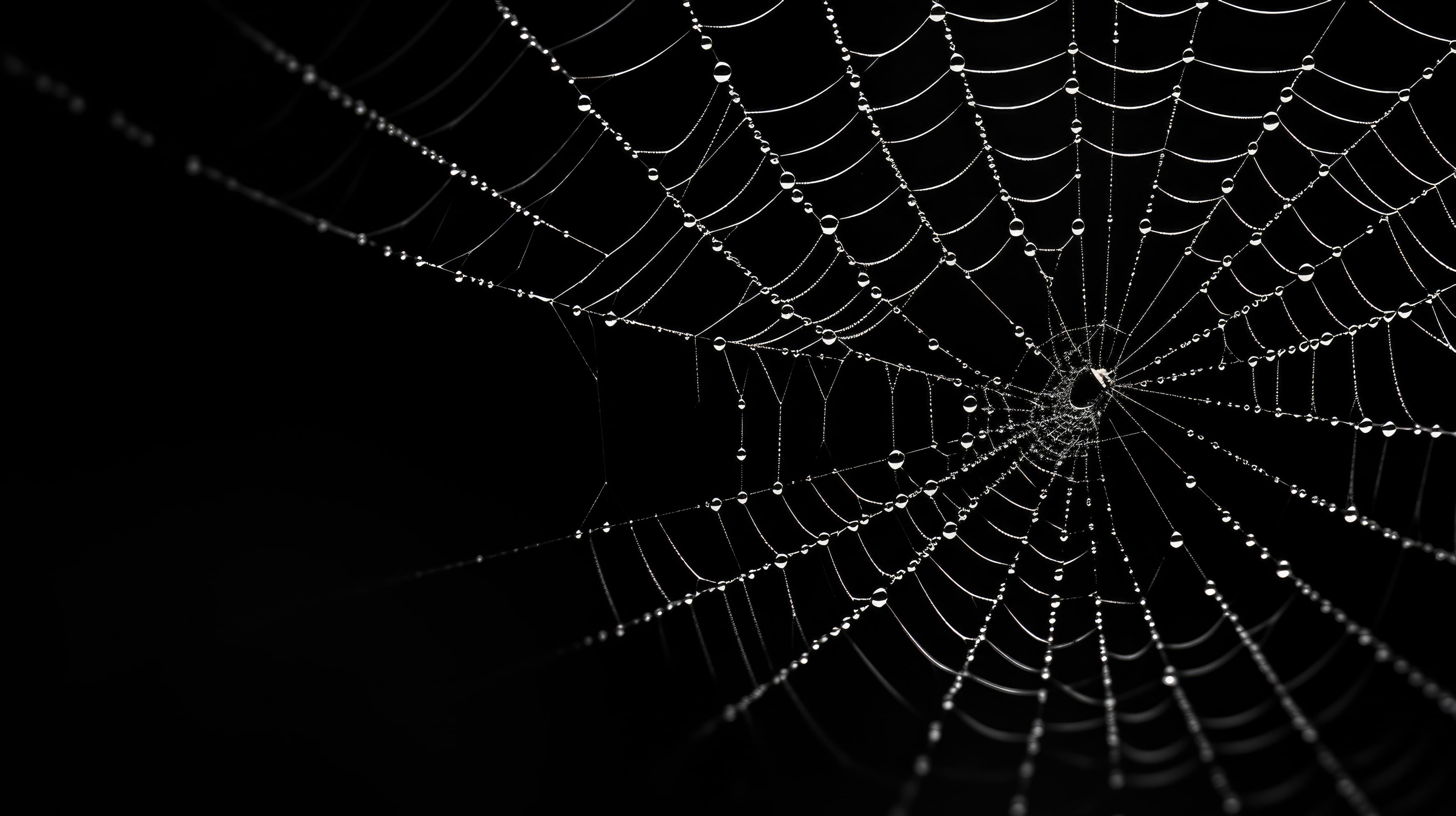 A spiders web silhouetted against a black background. There are water droplets caught in the web.