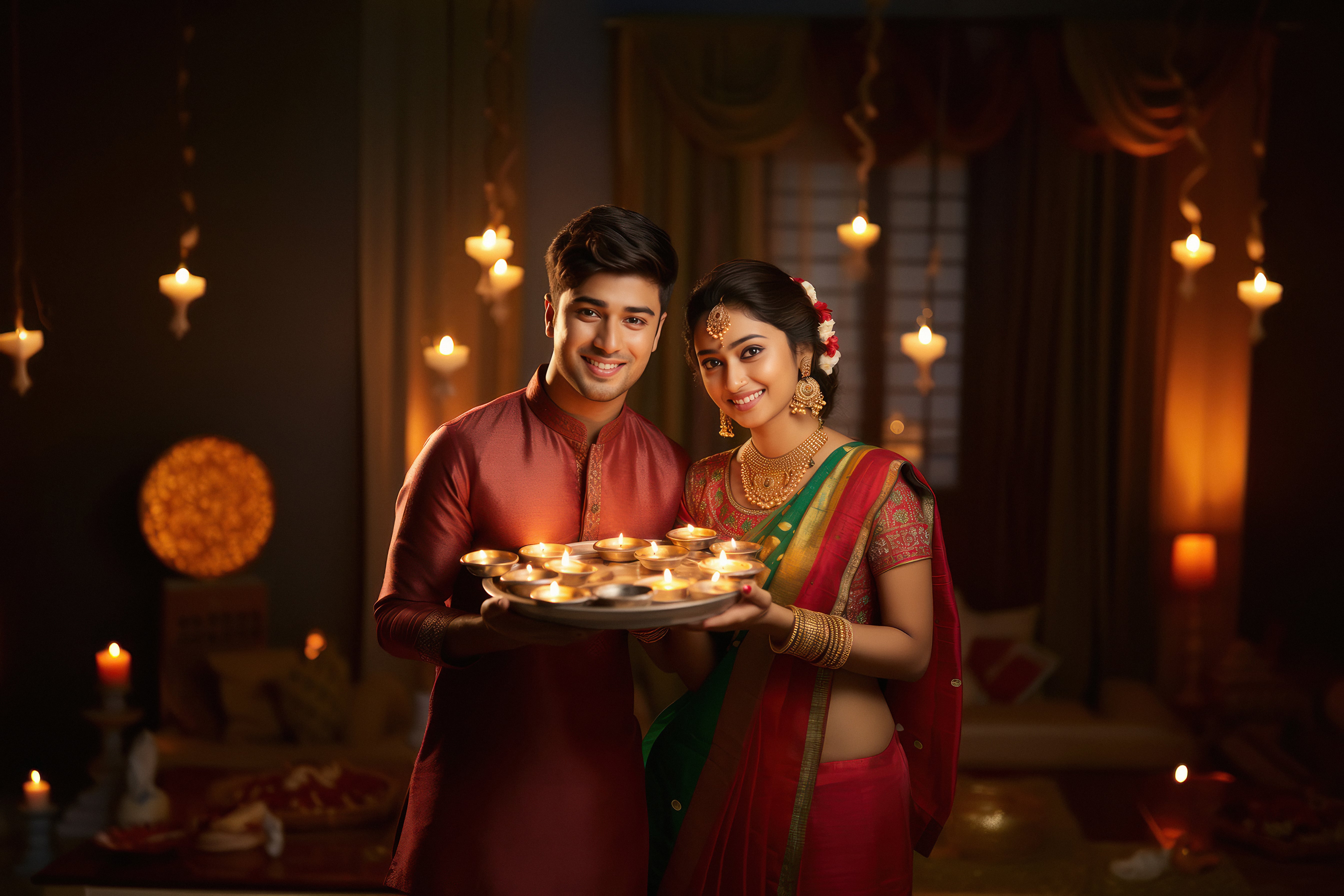 A couple smiling, surrounded by candlelight illuminating the darkness during Diwali celebrations