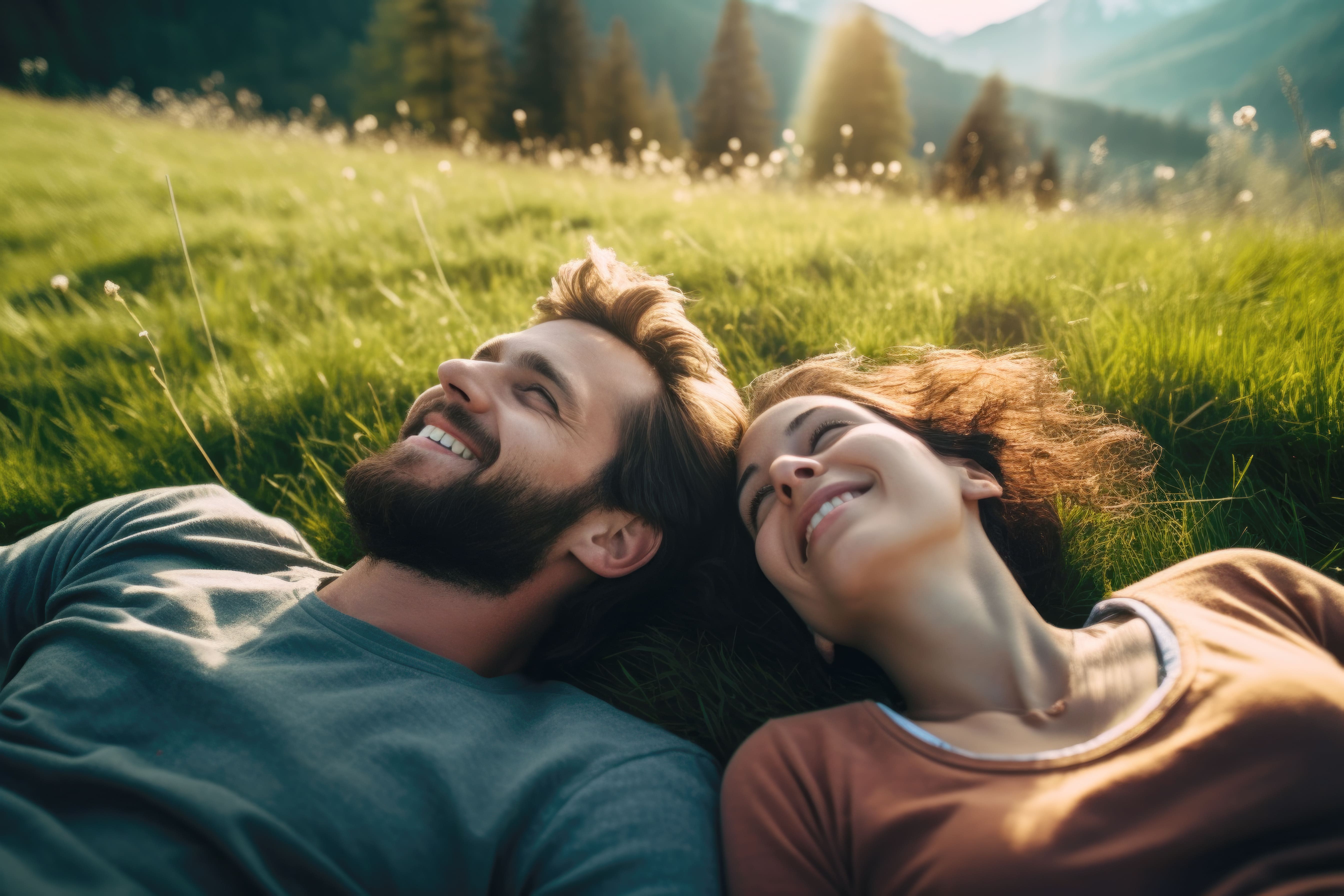 An Ai generated image of a couple lying on the grass as the spring sunshine warms their faces.