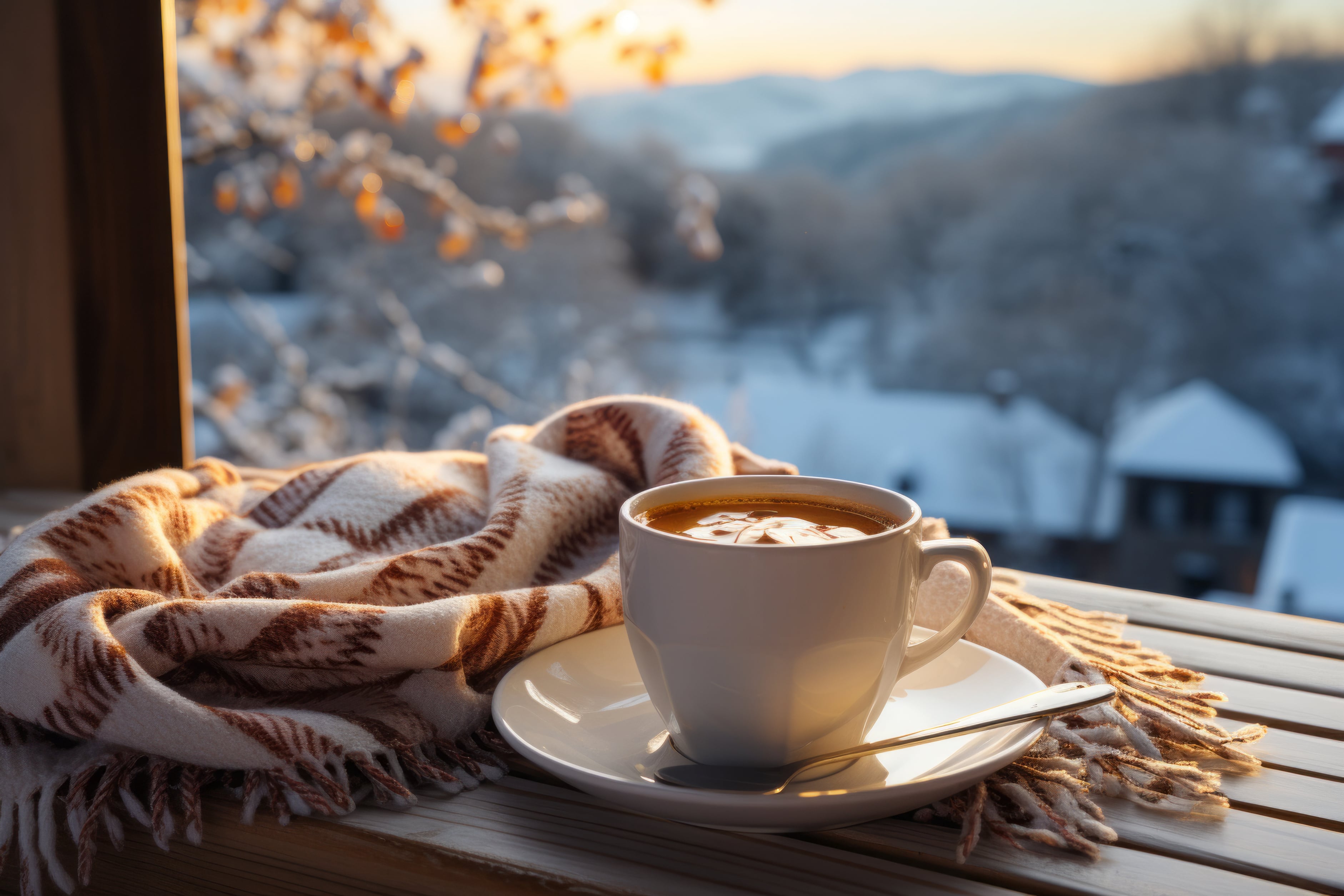 A warm drink lying on a windowsill next to a checked blanket. Outside the hills and house roofs are sprinkled with snow and the trees have been kissed by a wintery frost.