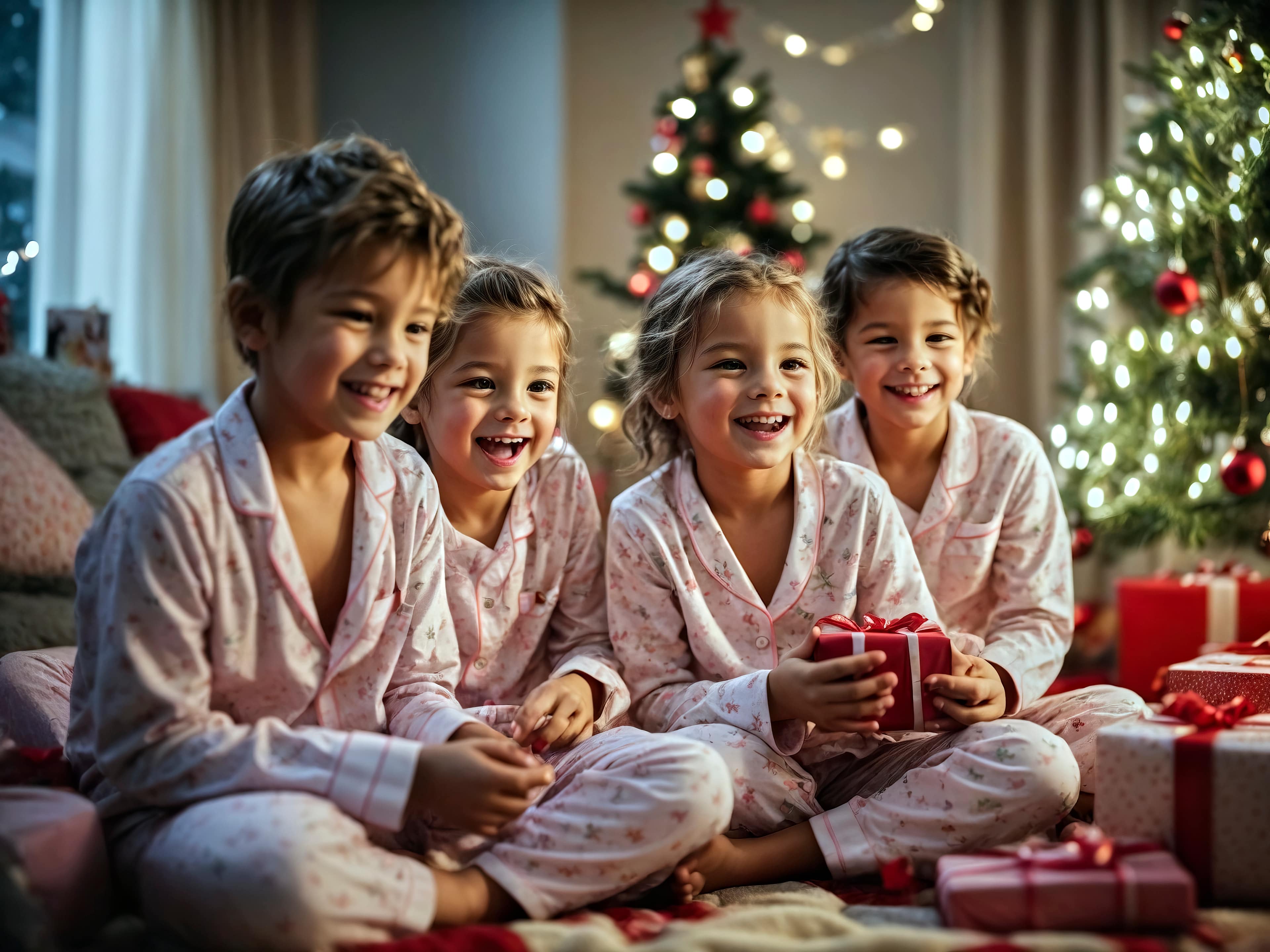 Four children wearing matching Christmas pyjamas, surrounded by Christmas presents and festive decorations
