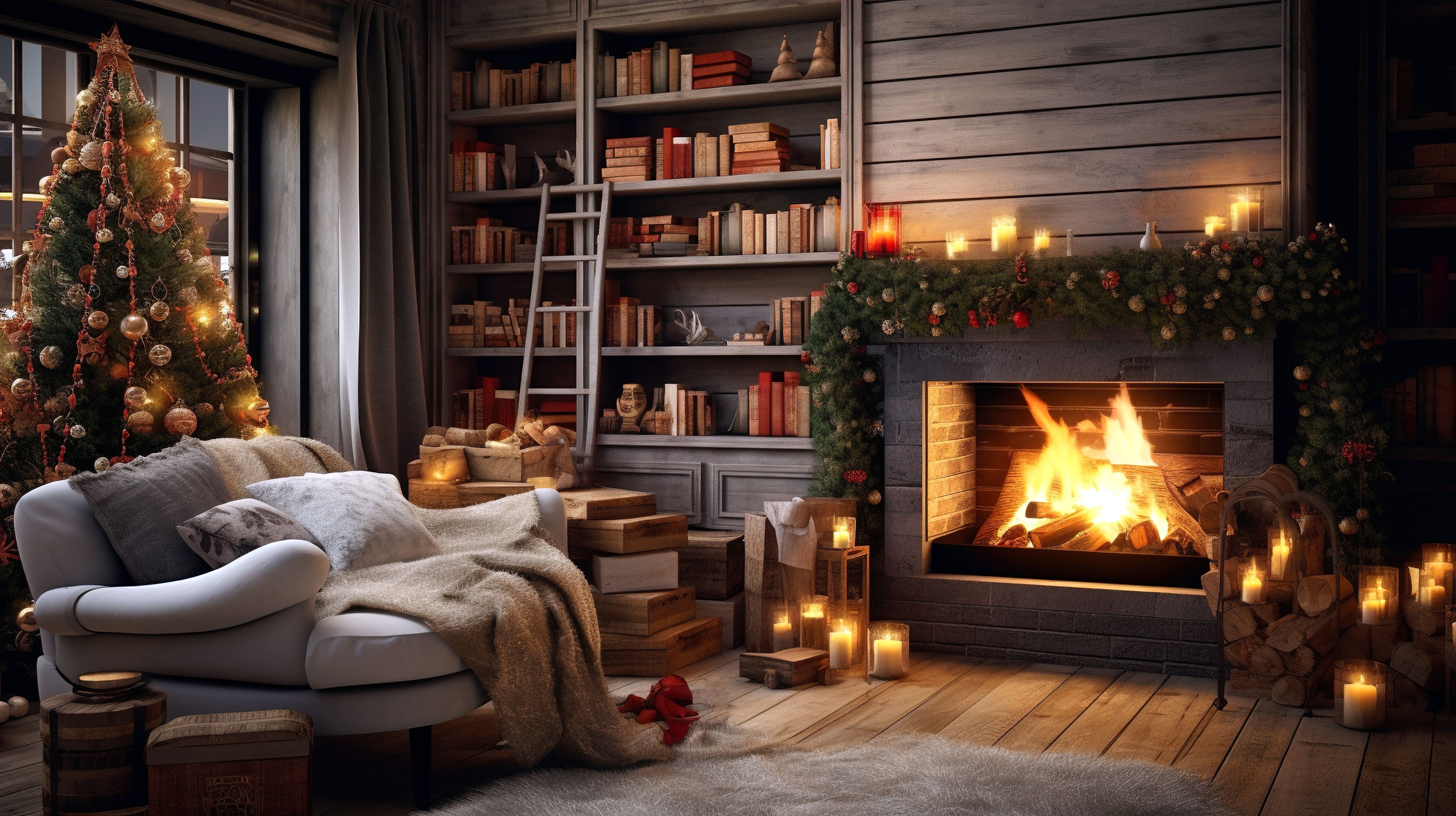 A cuddle chair amidst a flurry of decorations at Christmastime. A fire and several candles give off a warm and inviting glow in the background.