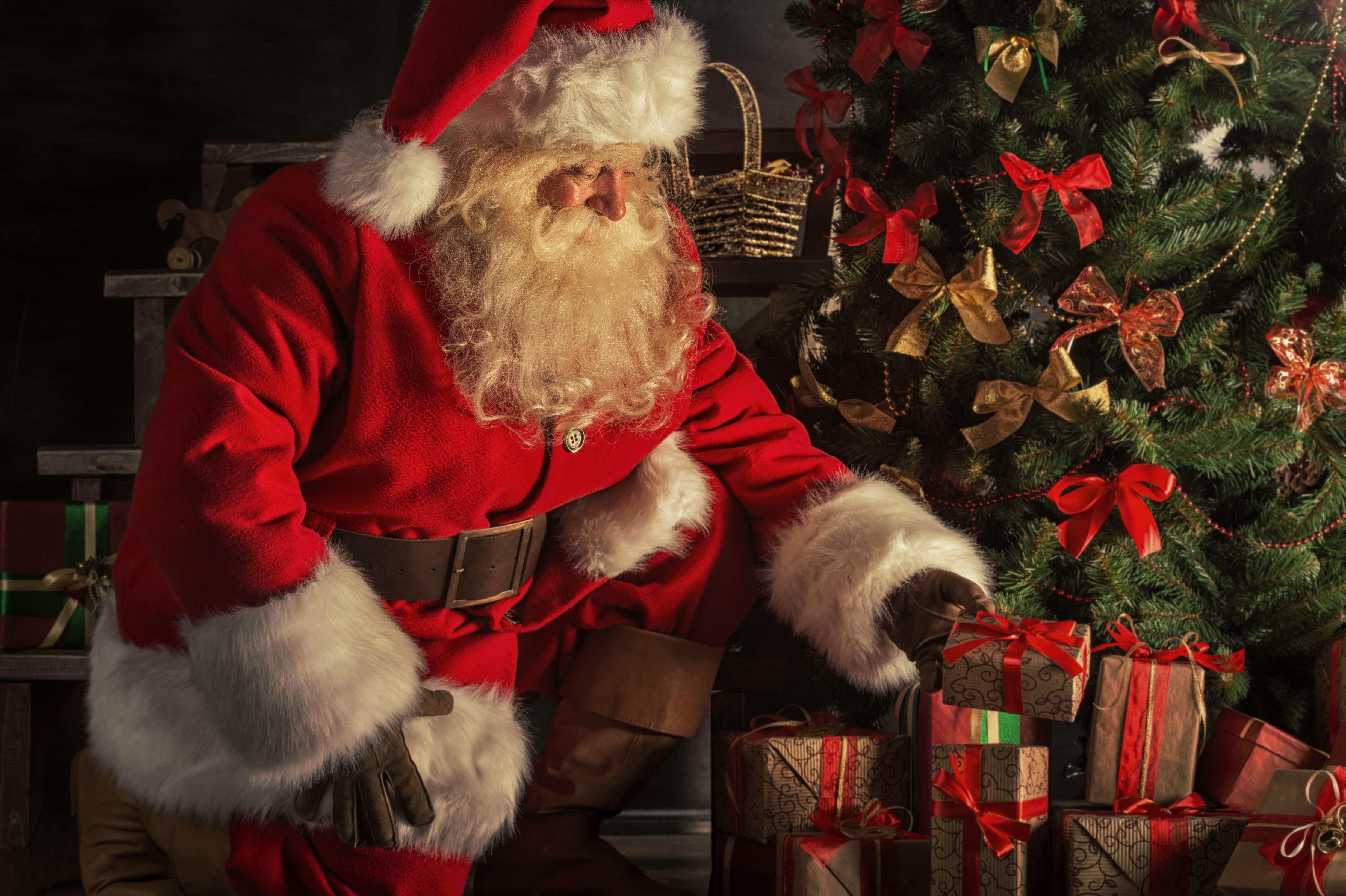 Santa Claus wears the traditional fur-trimmed red suit and hat. He is placing a gift on a pile of presents under a decorated Christmas tree