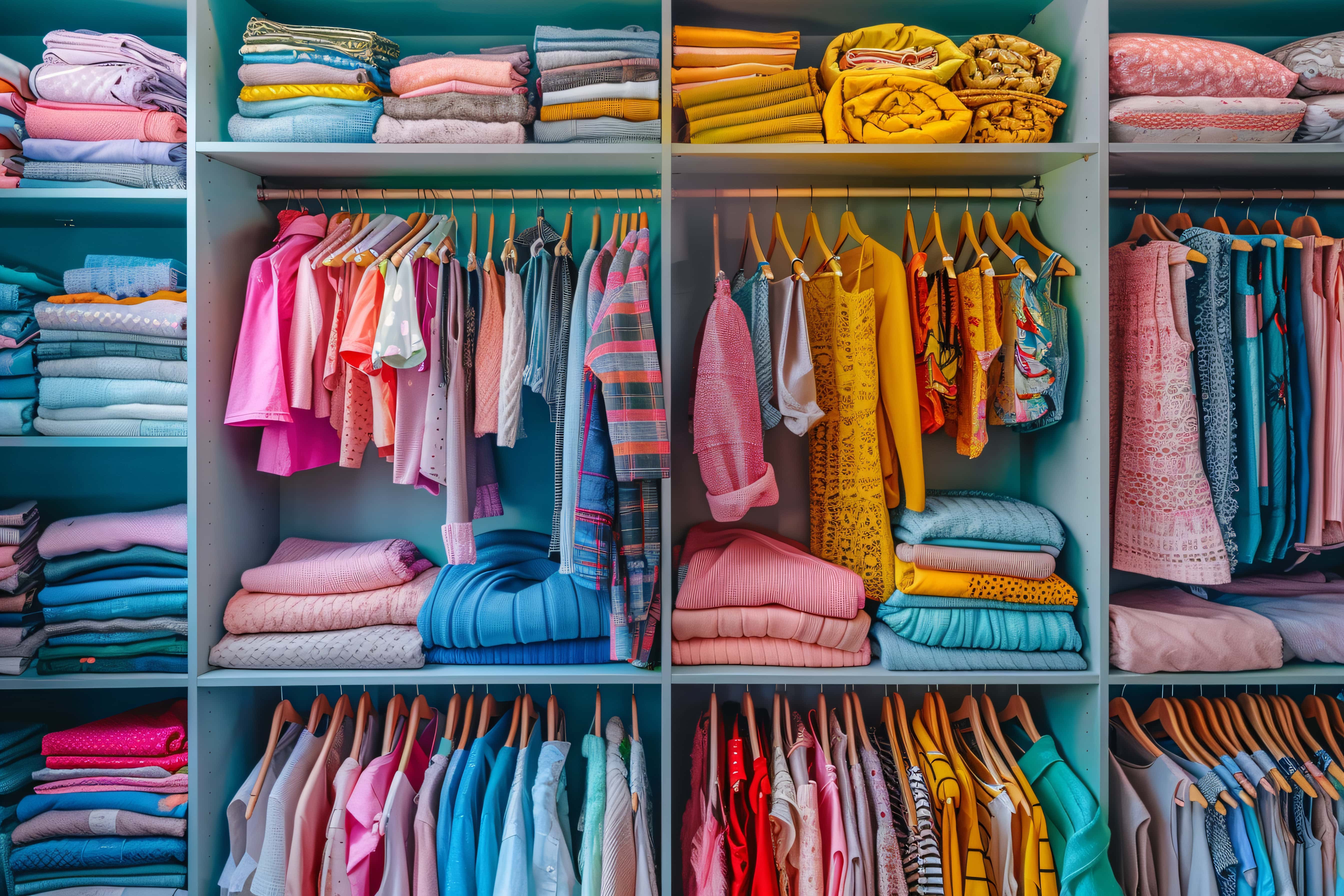 An immaculately organised wardrobe space with colour coordinated spaces for hanging and folding clothing and bedding items.