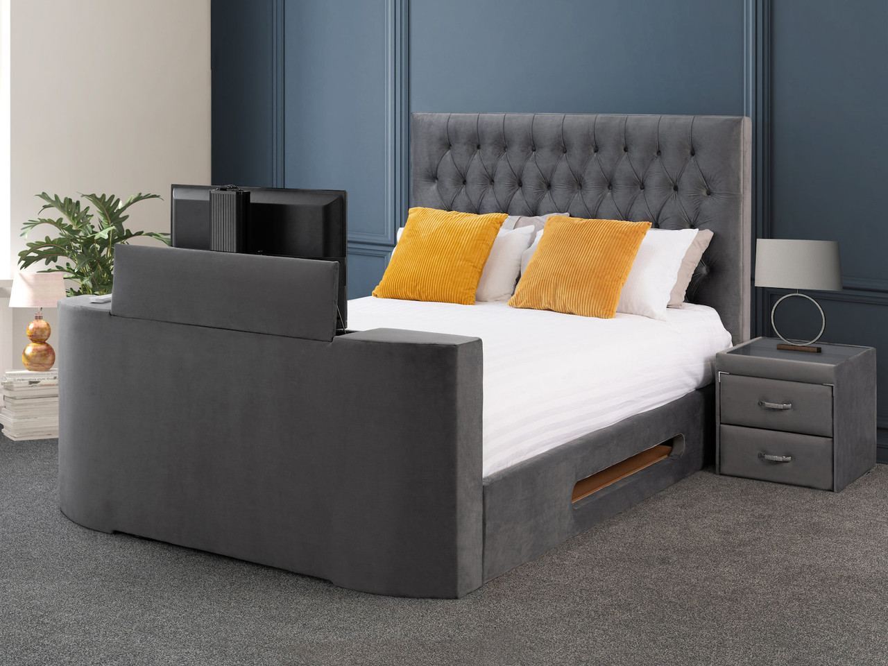 The Ariella Upholstered TV Media Bed Frame in Grey