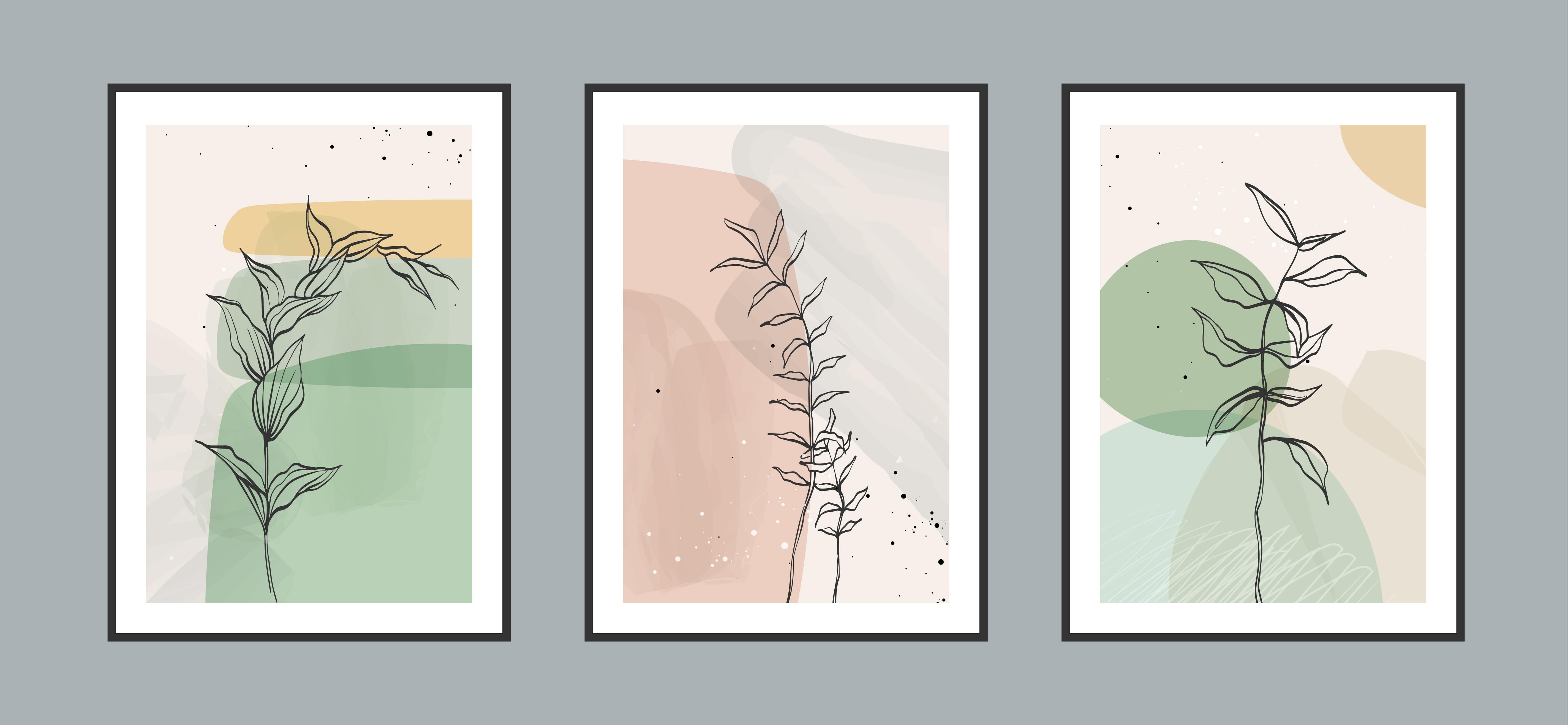 Three framed abstract leaf line drawings with muted tones of green, pink and yellow in the background