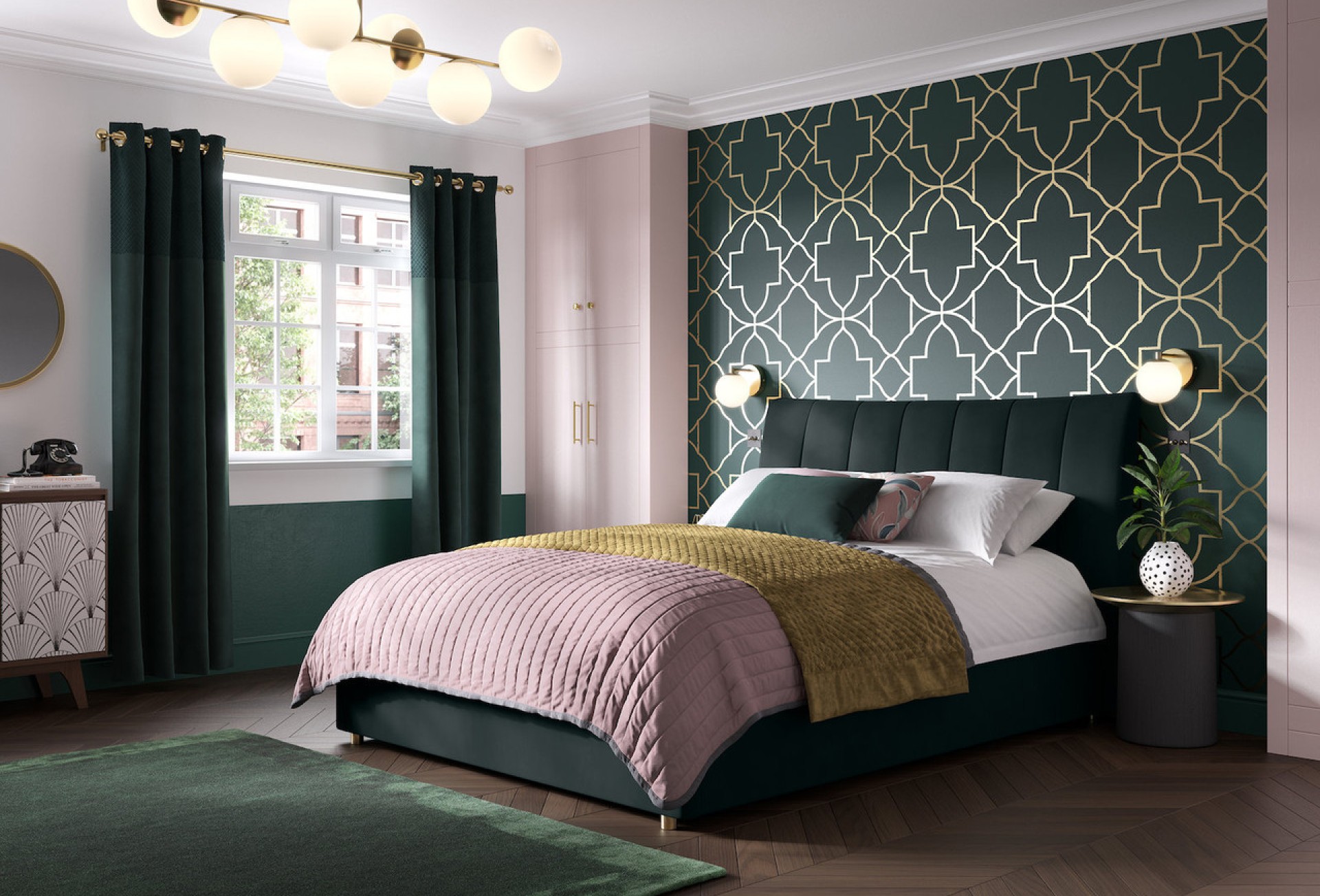 Bella upholstered ottoman storage bed frame in emerald green in an Art deco inspired bedroom