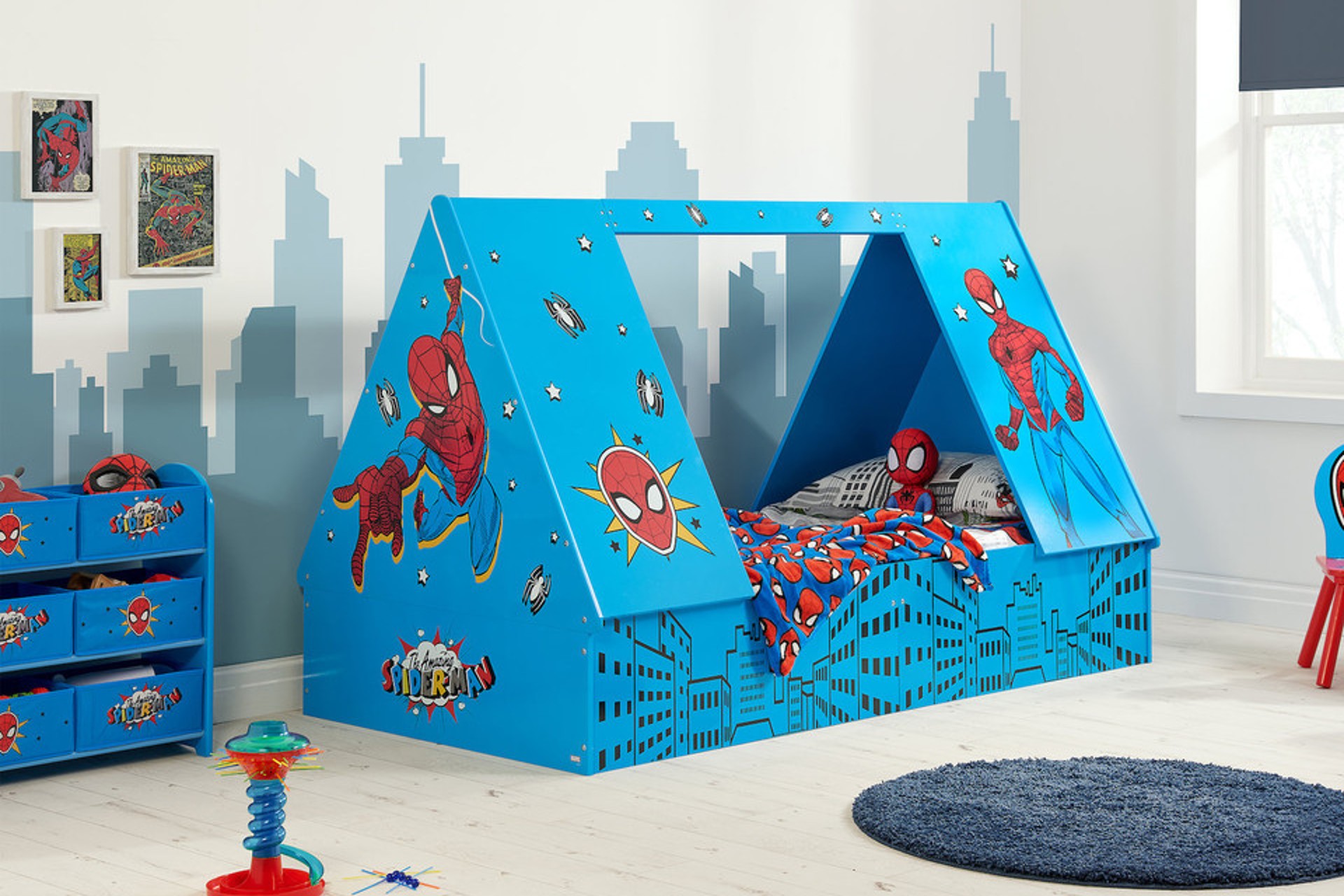 Blue Kids Tent Bed with Spider-Man design printed on the side