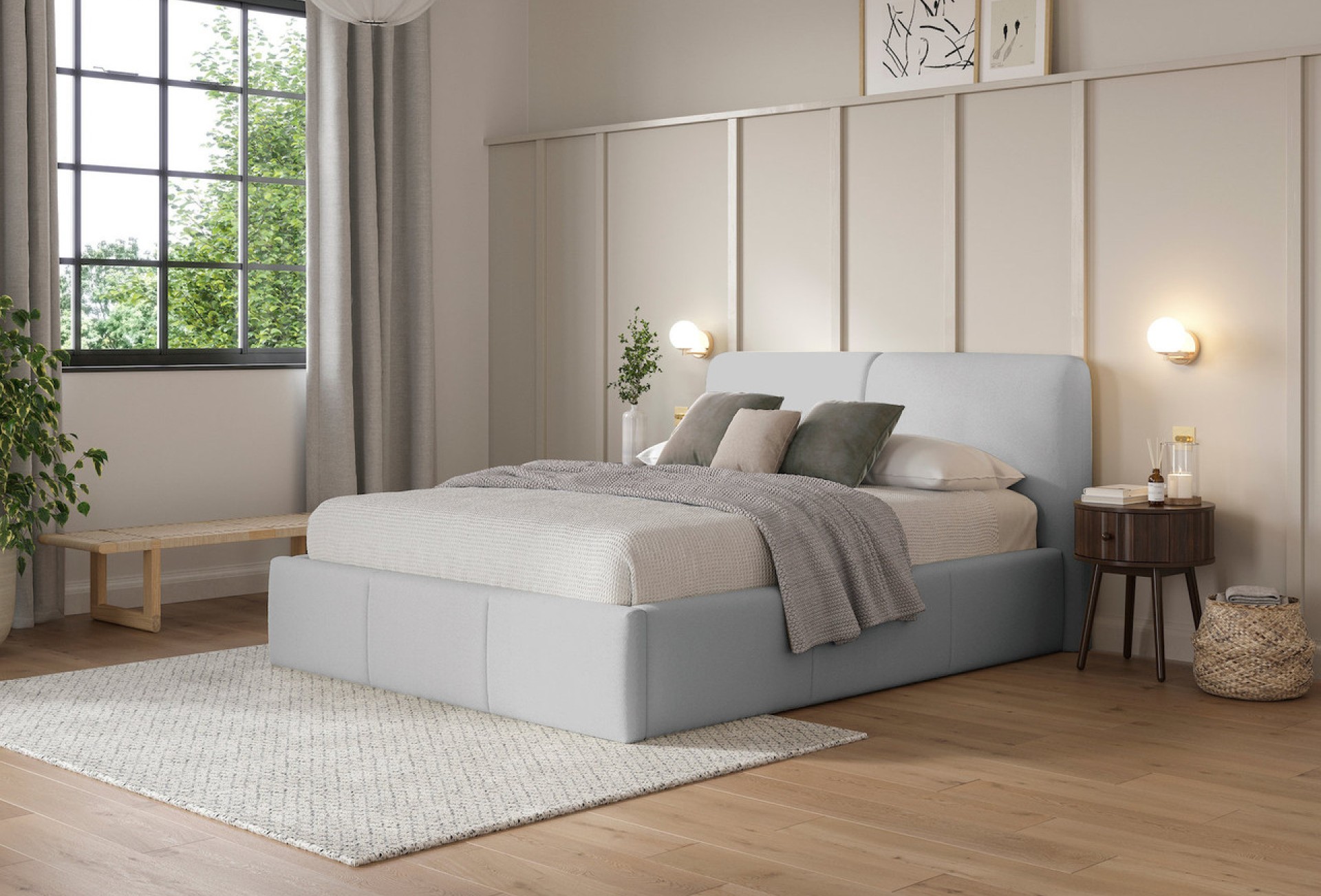 Claudia ottoman bed frame in ivory boucle set in a modern minimalist bedroom