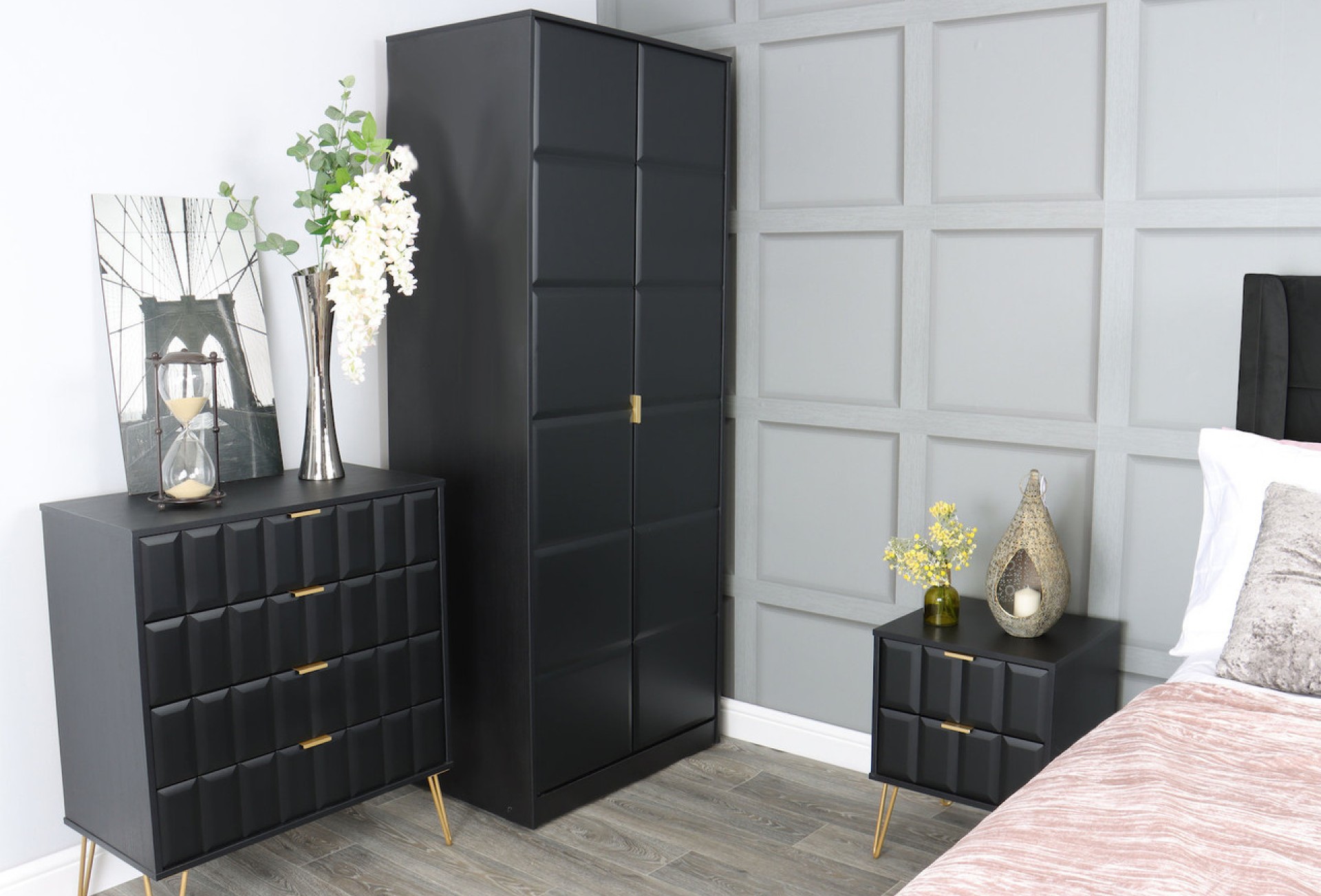 Cube bedroom wardrobe, bedside table, and chest of drawers collection in black