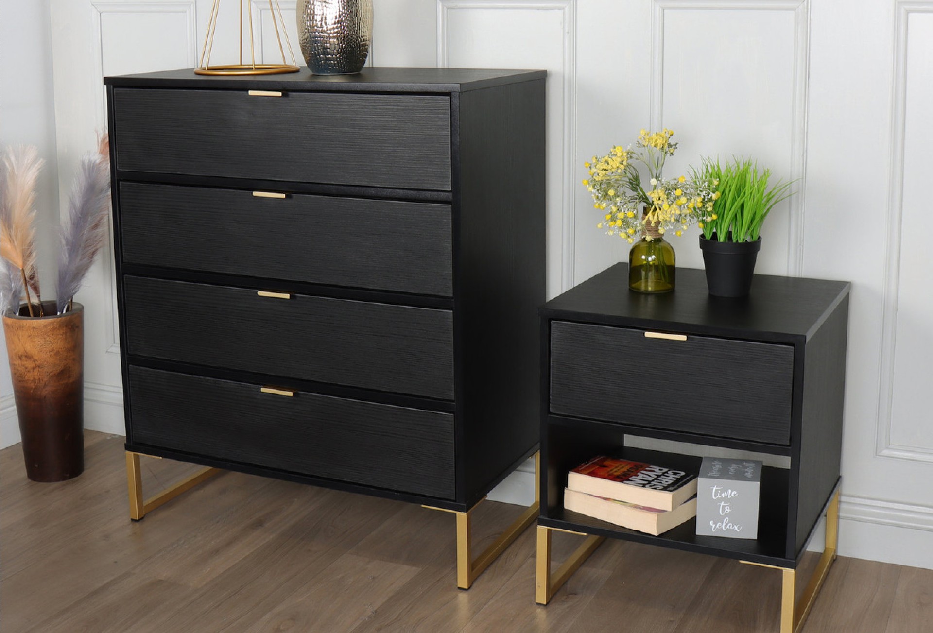 Diego bedroom chest of drawers and bedside table in black