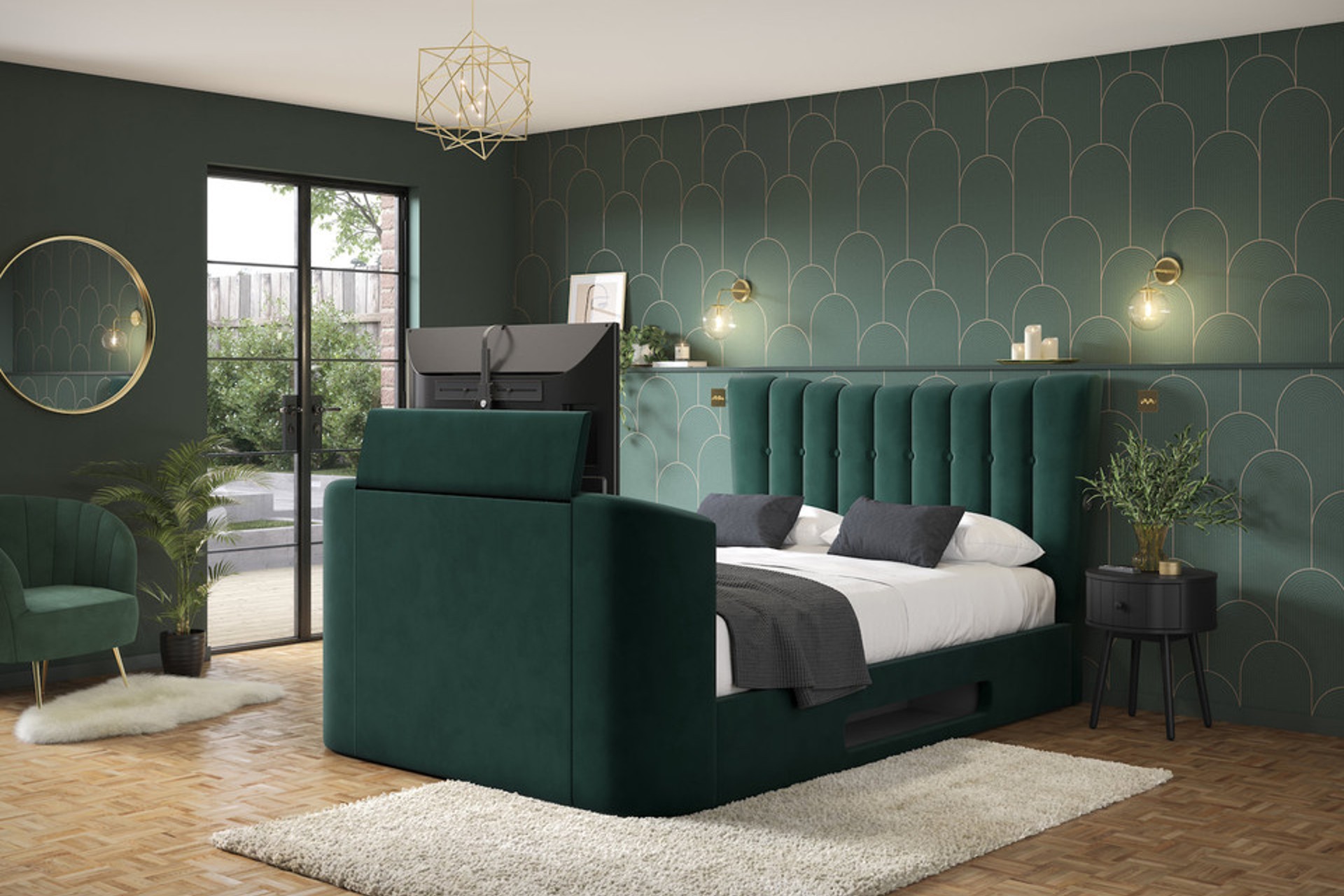 Esther Ottoman TV storage bed frame in emerald green