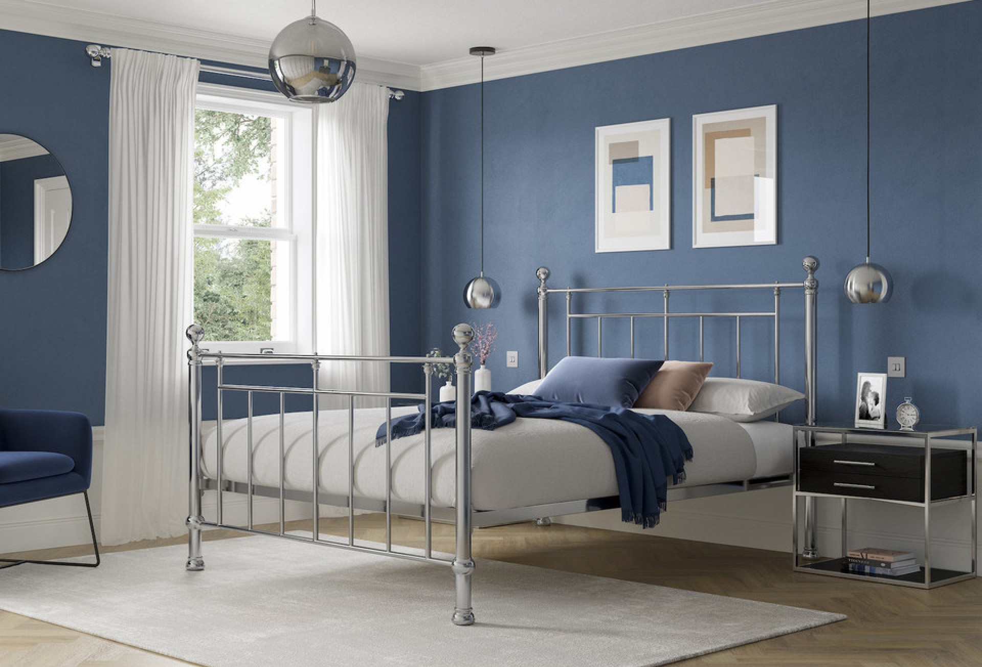 Harvard metal bed frame in chrome set in a contemporary blue bedroom design
